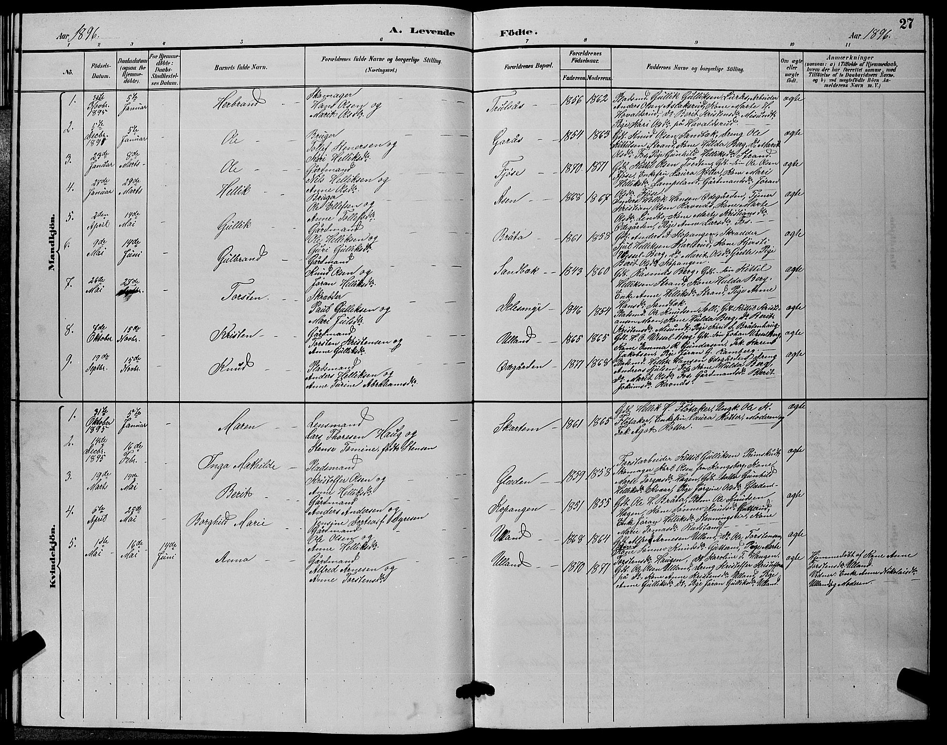 Flesberg kirkebøker, SAKO/A-18/G/Ga/L0004: Parish register (copy) no. I 4 /2, 1890-1898, p. 27