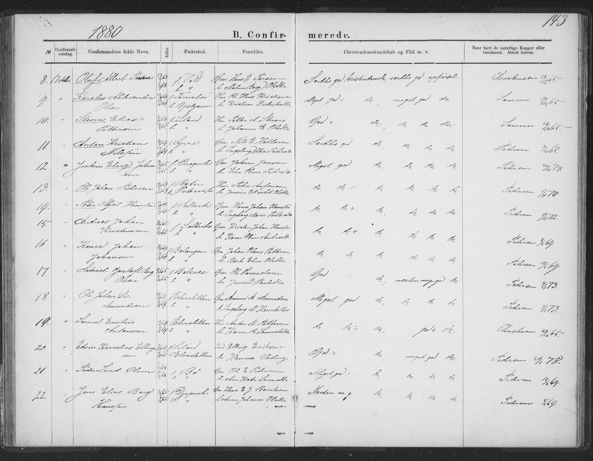 Ministerialprotokoller, klokkerbøker og fødselsregistre - Nordland, AV/SAT-A-1459/863/L0913: Parish register (copy) no. 863C03, 1877-1885, p. 143