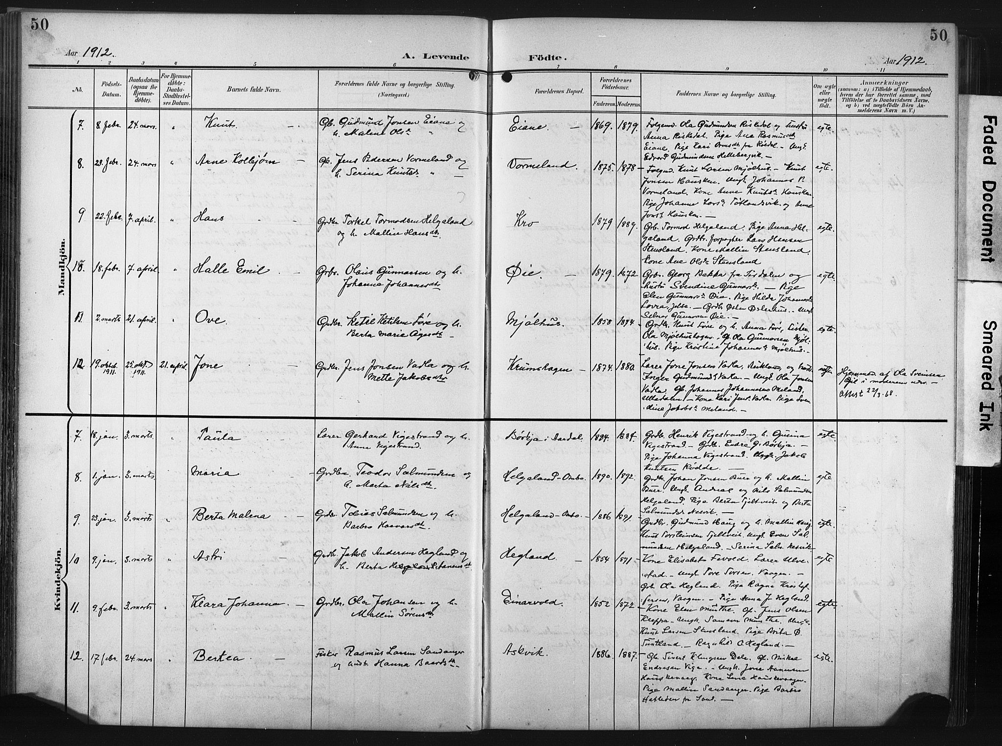 Hjelmeland sokneprestkontor, AV/SAST-A-101843/02/A/L0002: Parish register (official) no. A 17, 1901-1916, p. 50