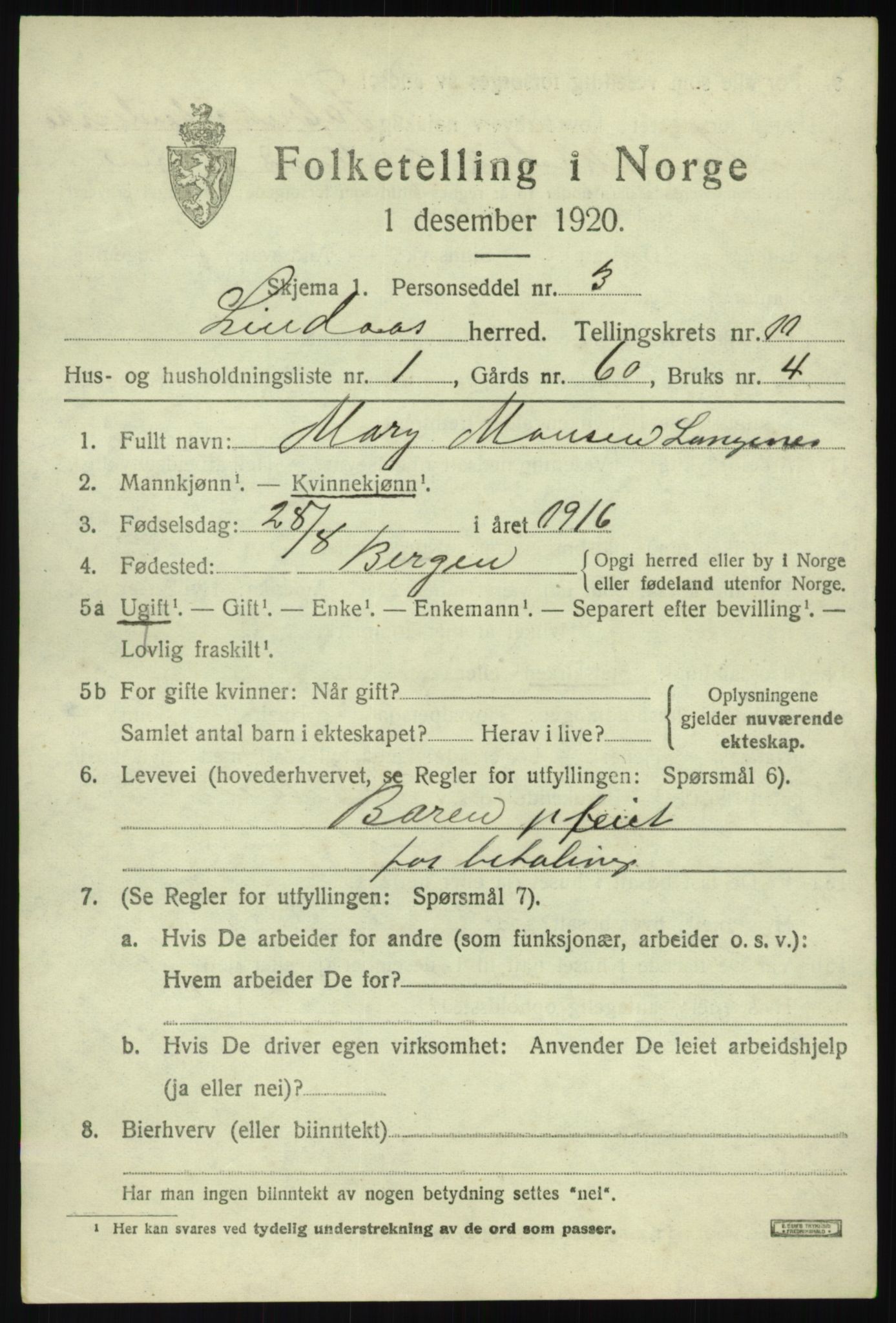 SAB, 1920 census for Lindås, 1920, p. 5607
