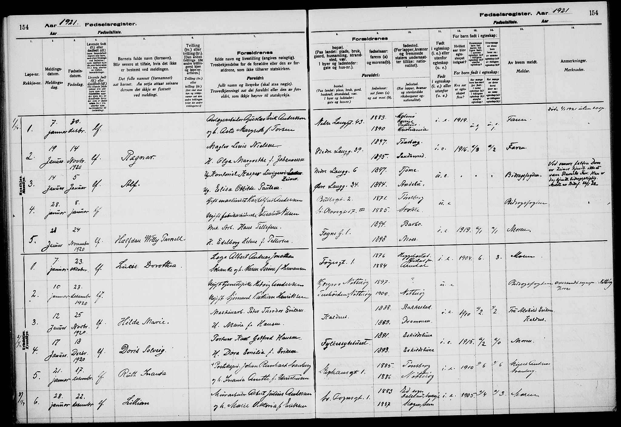 Tønsberg kirkebøker, AV/SAKO-A-330/J/Ja/L0001: Birth register no. 1, 1916-1922, p. 154