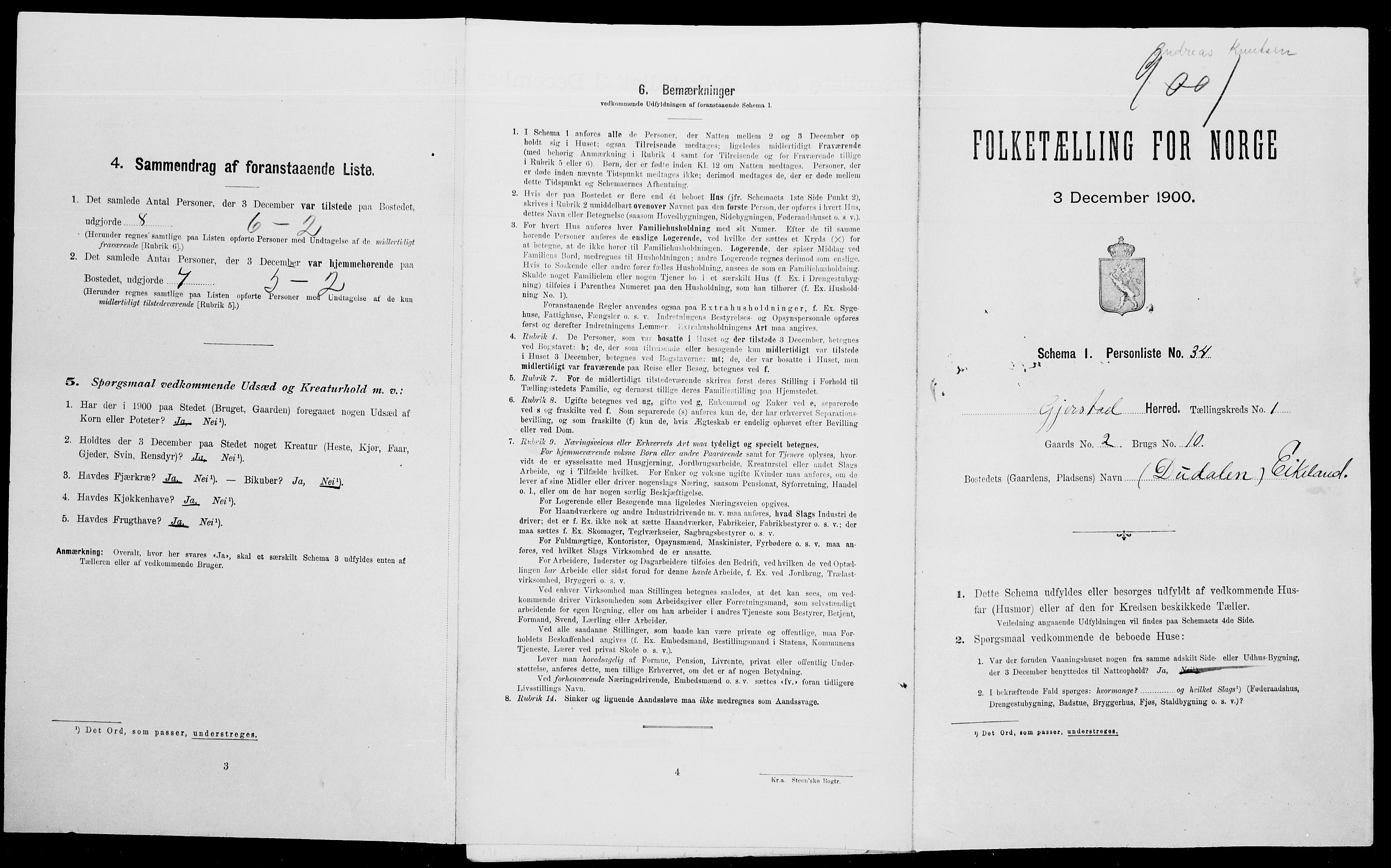 SAK, 1900 census for Gjerstad, 1900, p. 150