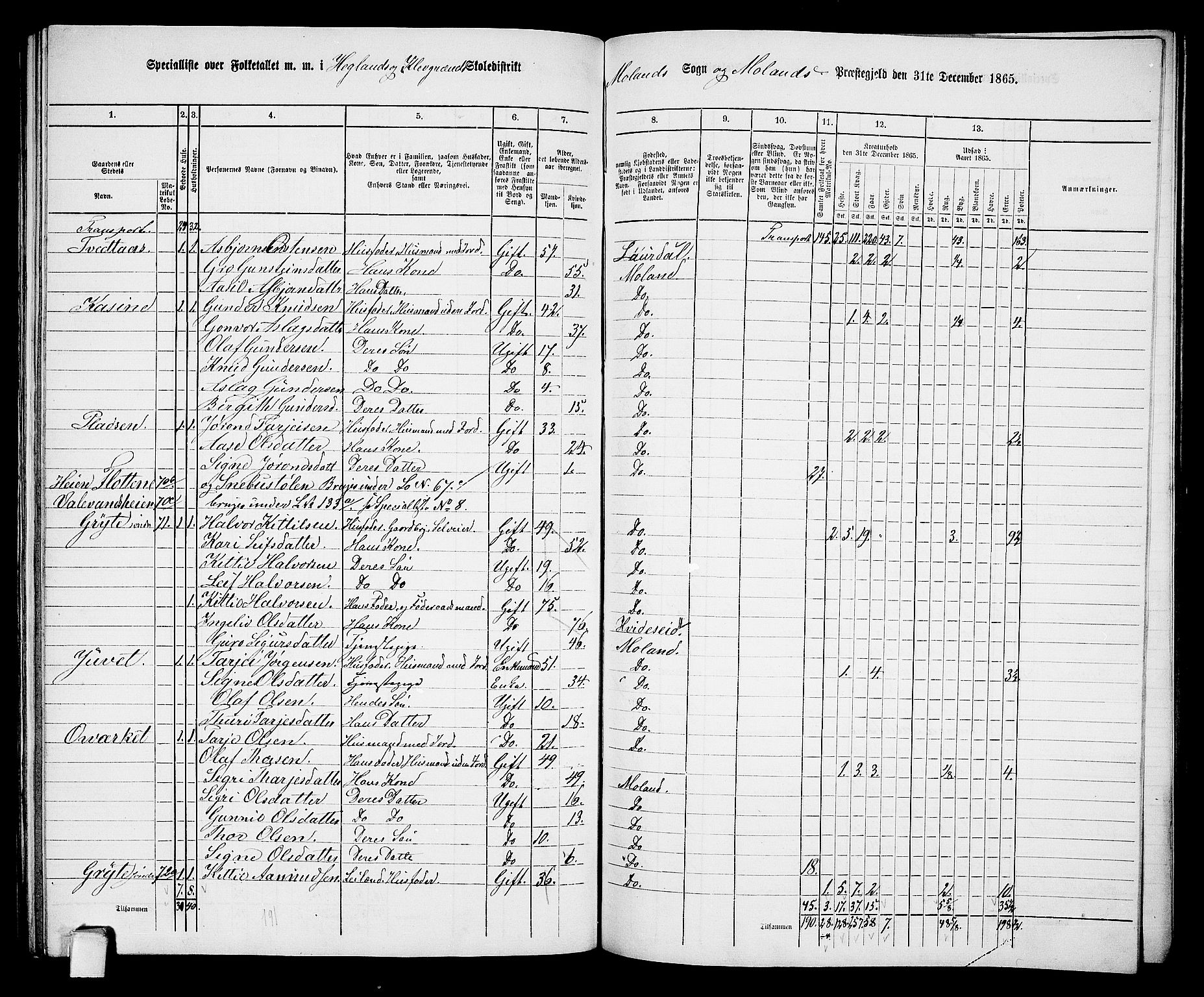 RA, 1865 census for Moland, 1865, p. 65