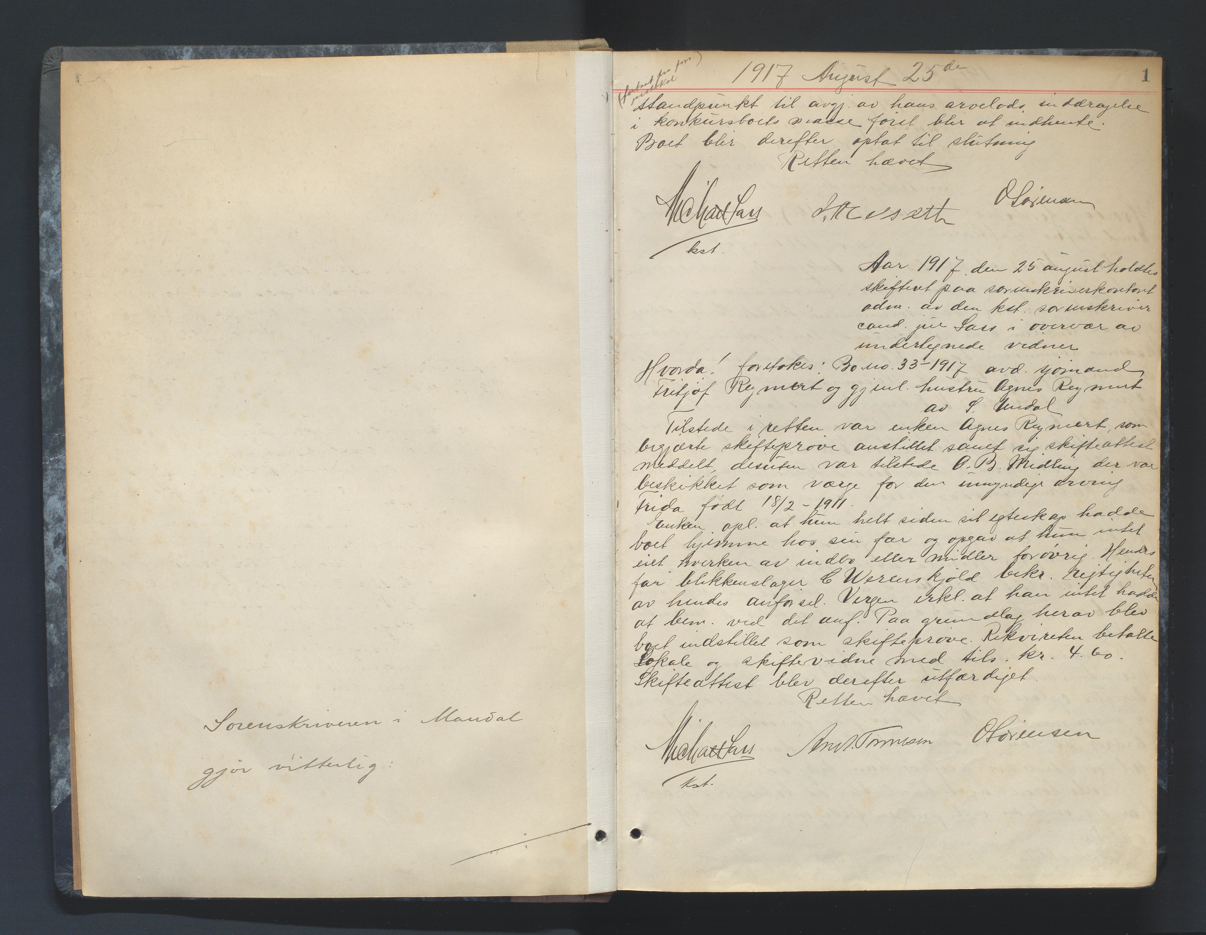 Mandal sorenskriveri, AV/SAK-1221-0005/001/H/Hc/L0083: Skifteforhandlingsprotokoll nr 15, 1917-1921, p. 1