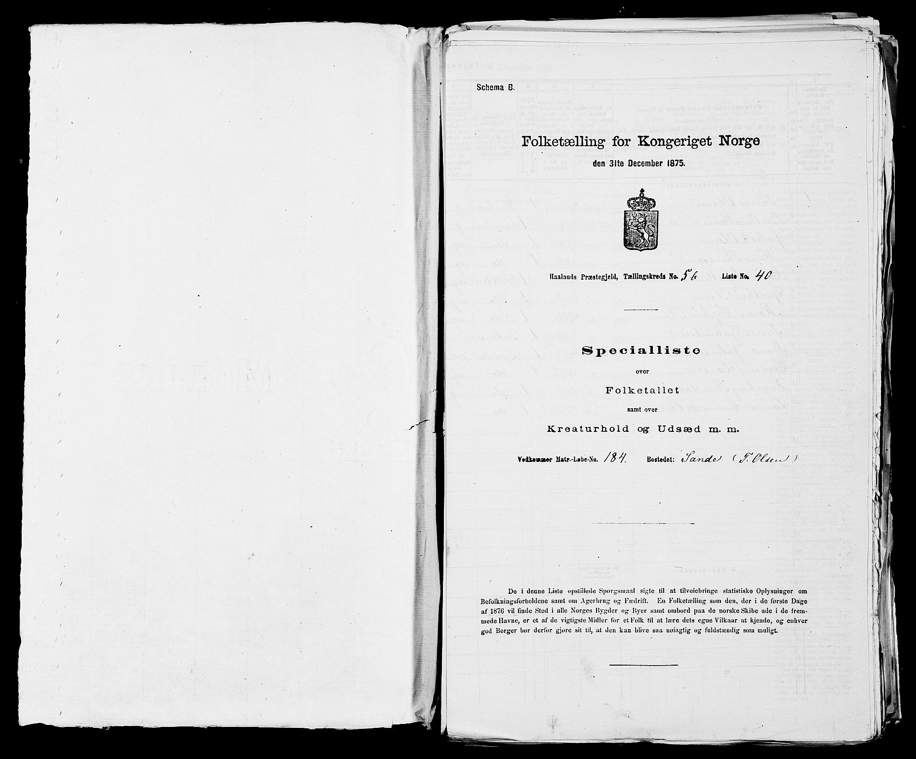 SAST, 1875 census for 1124P Håland, 1875, p. 726