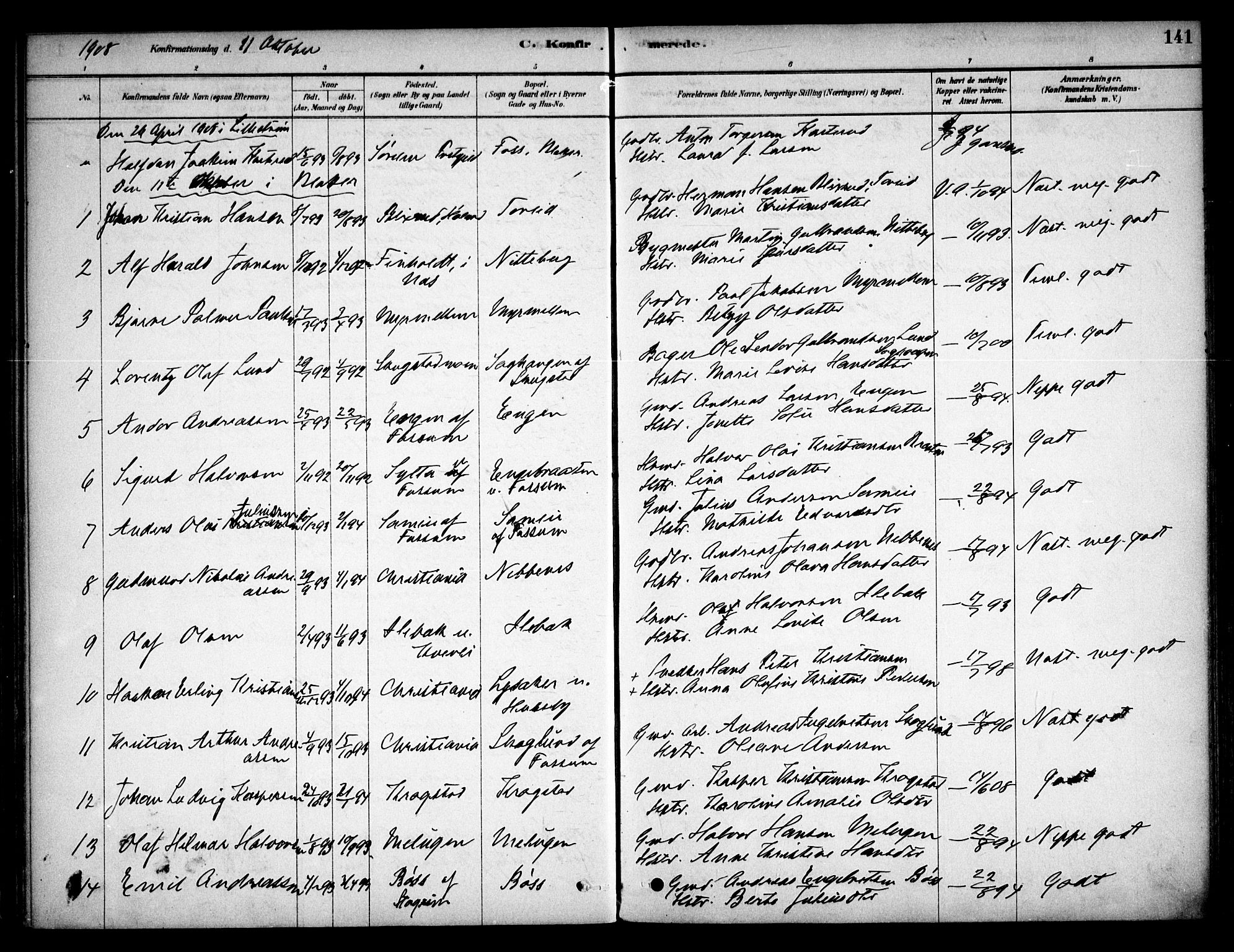 Aurskog prestekontor Kirkebøker, SAO/A-10304a/F/Fb/L0001: Parish register (official) no. II 1, 1878-1909, p. 141