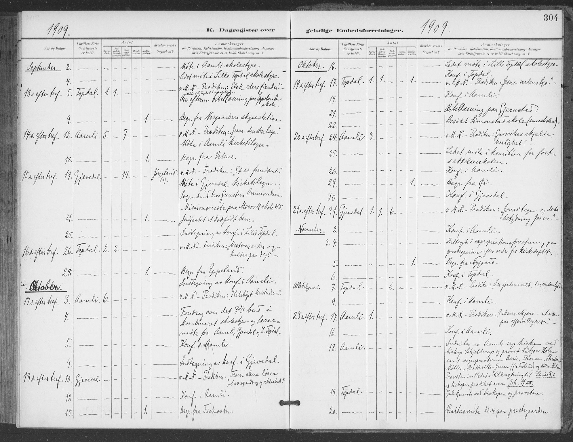 Åmli sokneprestkontor, AV/SAK-1111-0050/F/Fa/Fac/L0012: Parish register (official) no. A 12, 1900-1914, p. 304