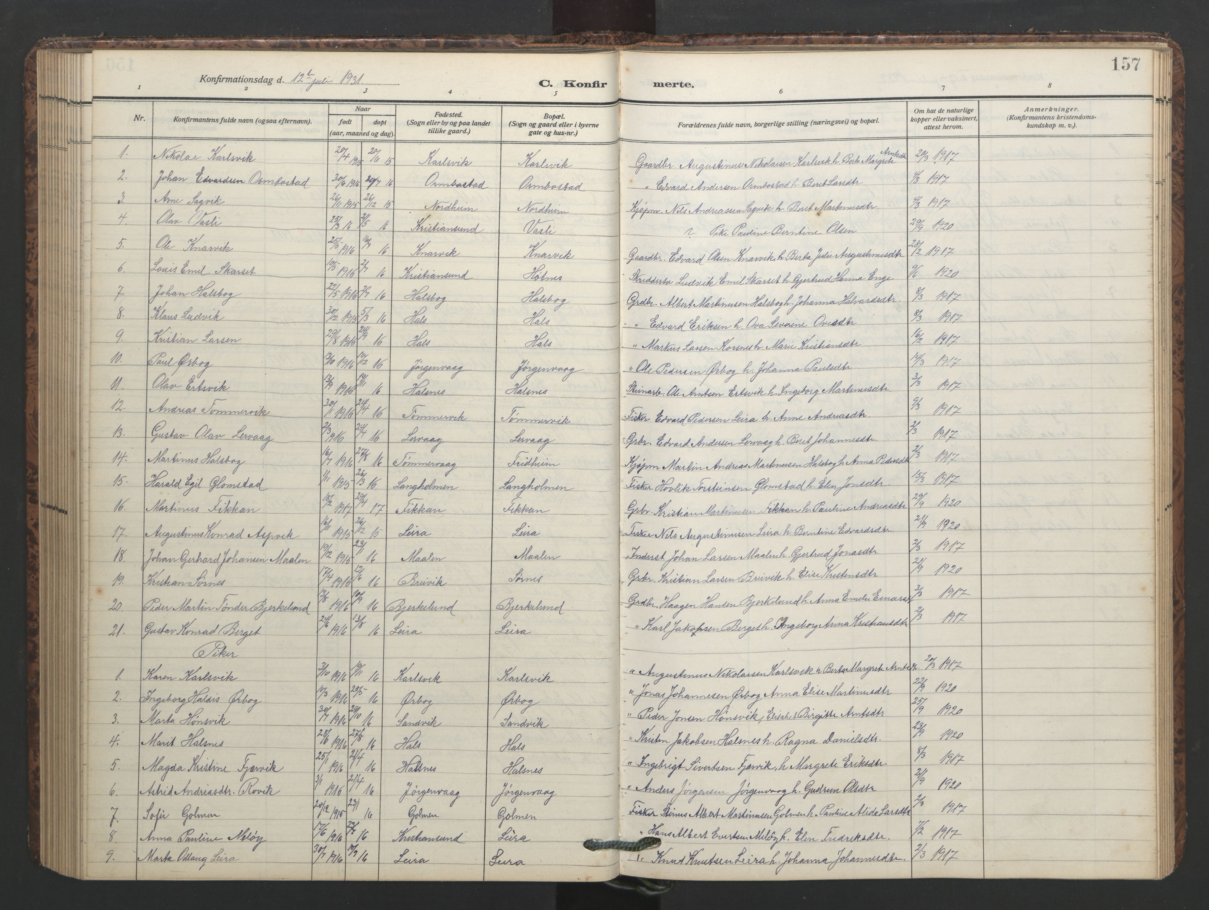 Ministerialprotokoller, klokkerbøker og fødselsregistre - Møre og Romsdal, AV/SAT-A-1454/577/L0897: Parish register (copy) no. 577C01, 1909-1946, p. 157