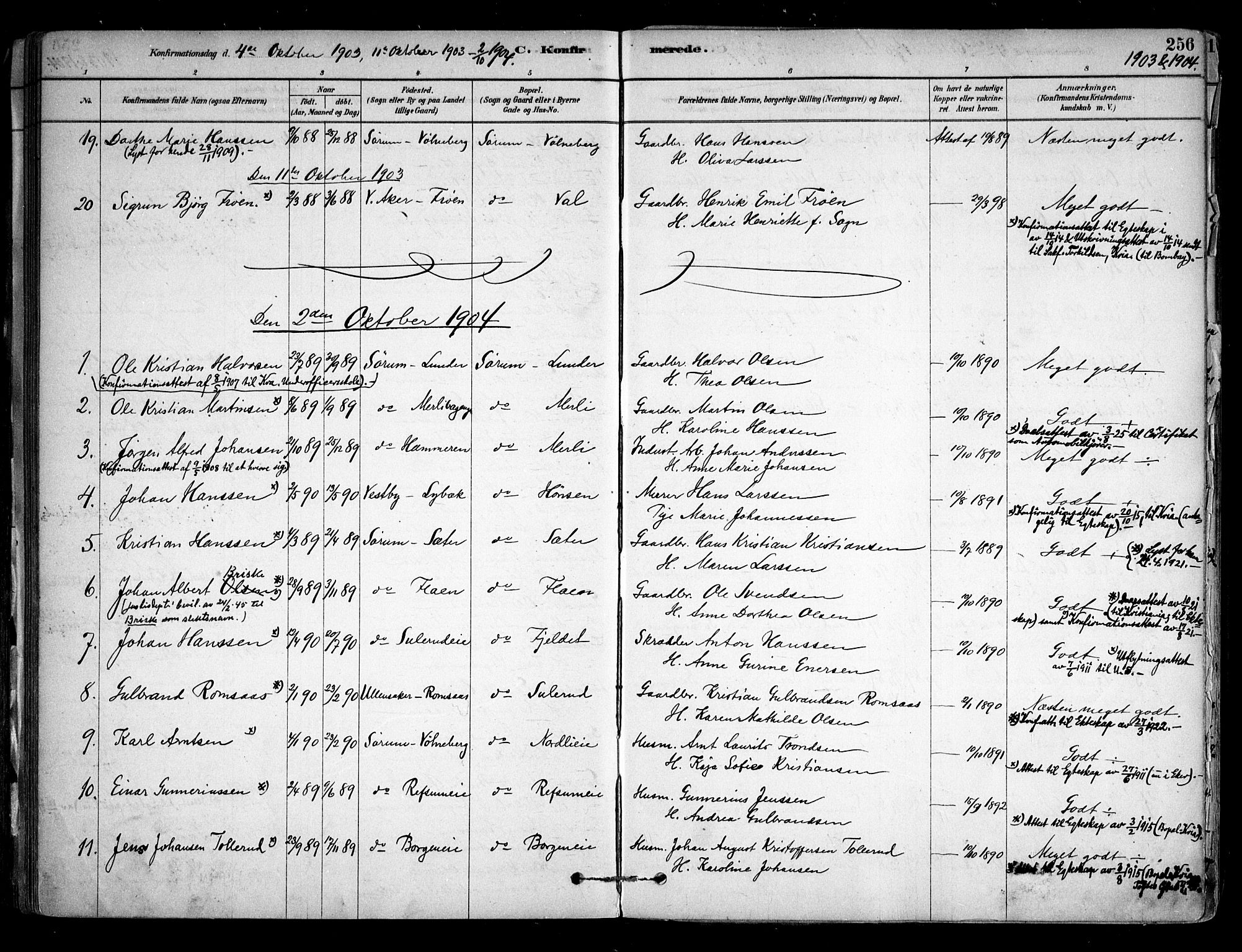 Sørum prestekontor Kirkebøker, SAO/A-10303/F/Fa/L0007: Parish register (official) no. I 7, 1878-1914, p. 256