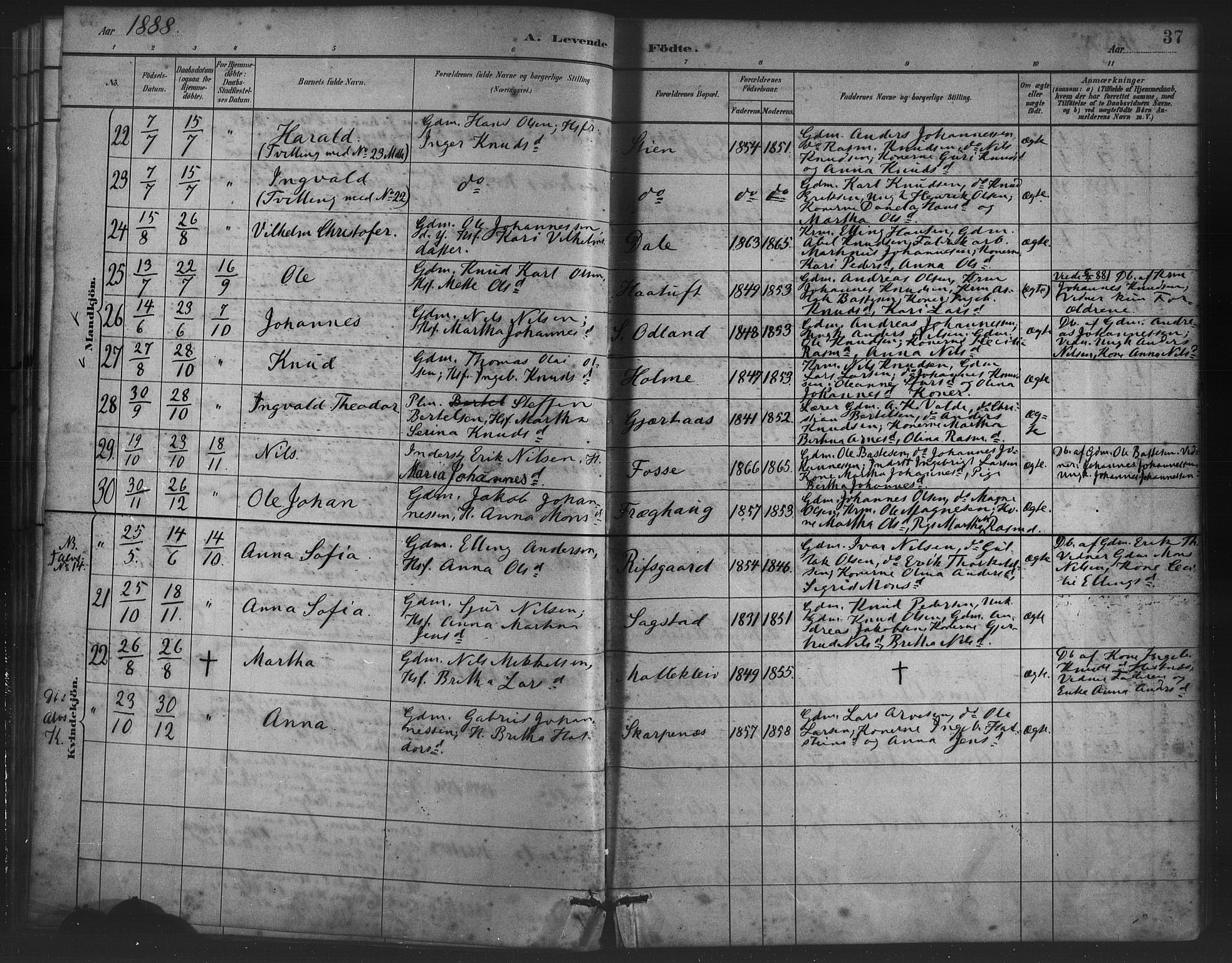 Alversund Sokneprestembete, SAB/A-73901/H/Ha/Haa/Haac/L0001: Parish register (official) no. C 1, 1882-1900, p. 37