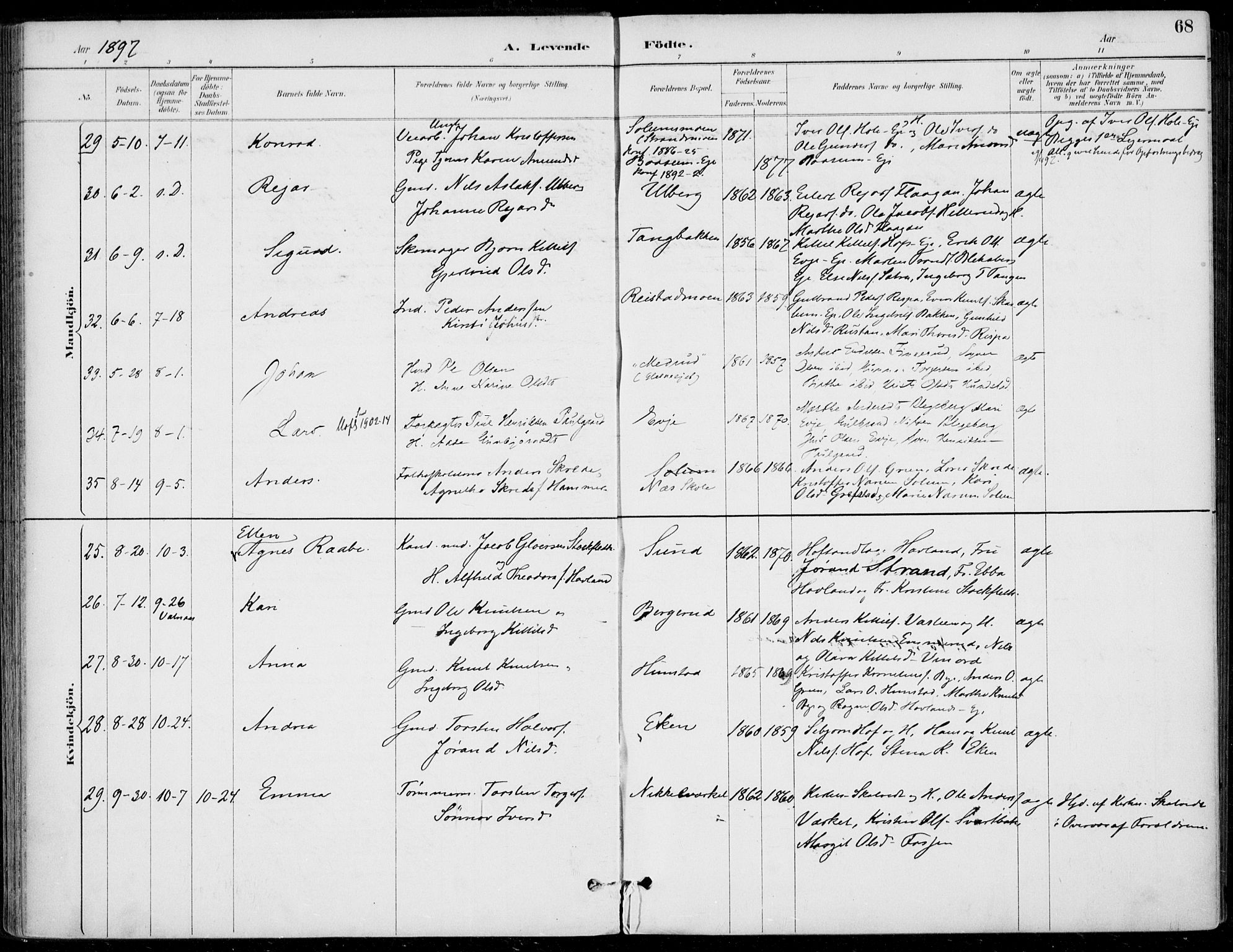 Sigdal kirkebøker, AV/SAKO-A-245/F/Fb/L0001: Parish register (official) no. II 1, 1888-1900, p. 68