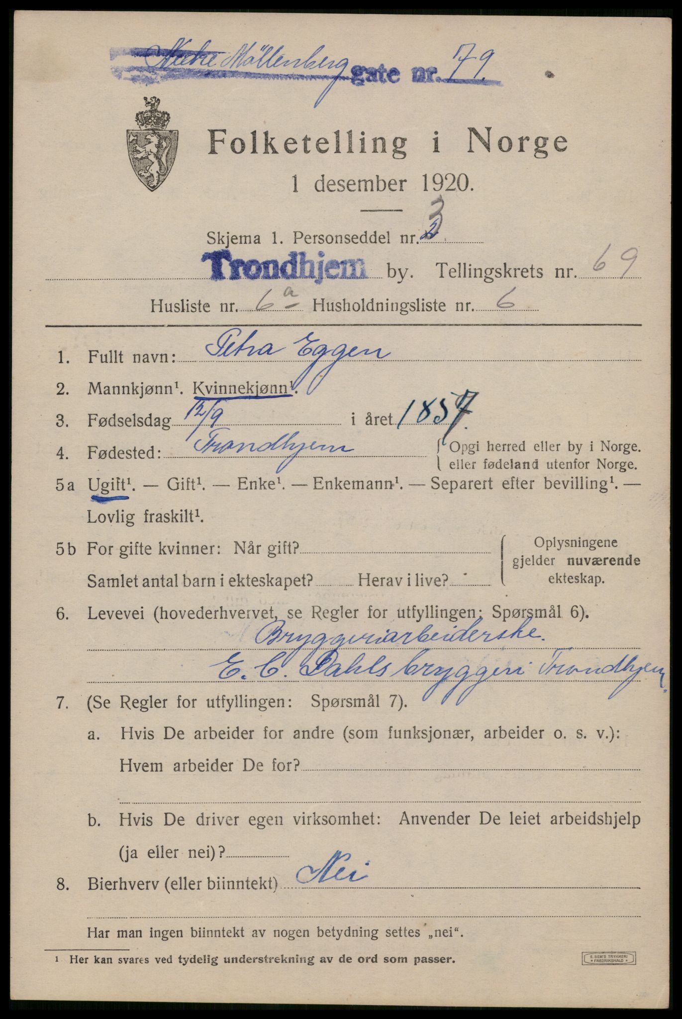 SAT, 1920 census for Trondheim, 1920, p. 136468