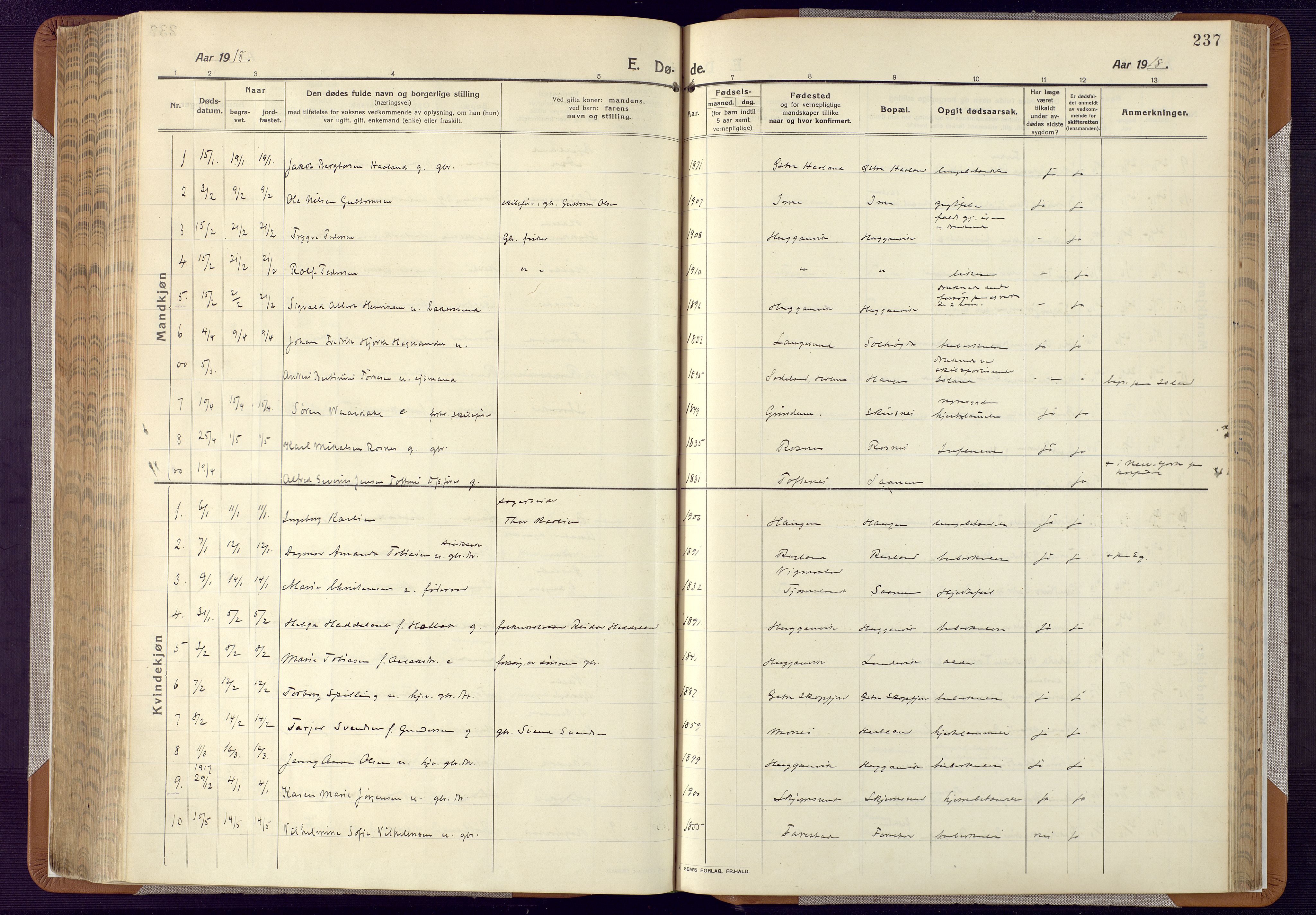 Mandal sokneprestkontor, SAK/1111-0030/F/Fa/Faa/L0022: Parish register (official) no. A 22, 1913-1925, p. 237