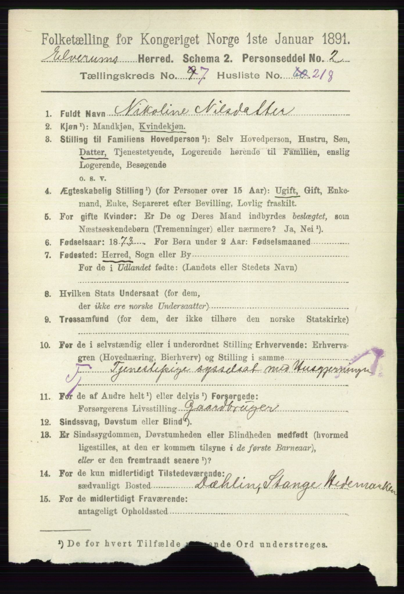 RA, 1891 census for 0427 Elverum, 1891, p. 6912