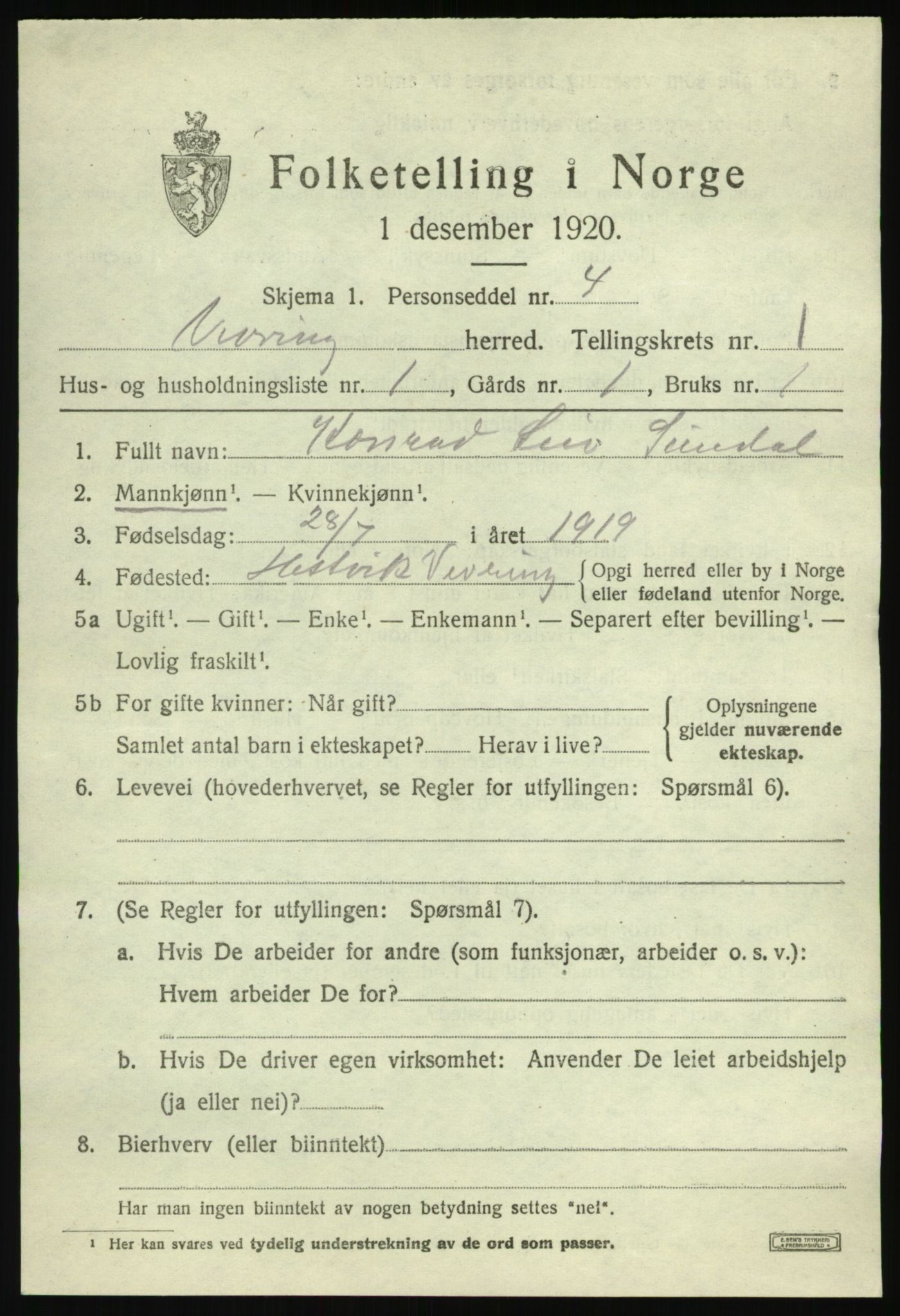 SAB, 1920 census for Vevring, 1920, p. 442