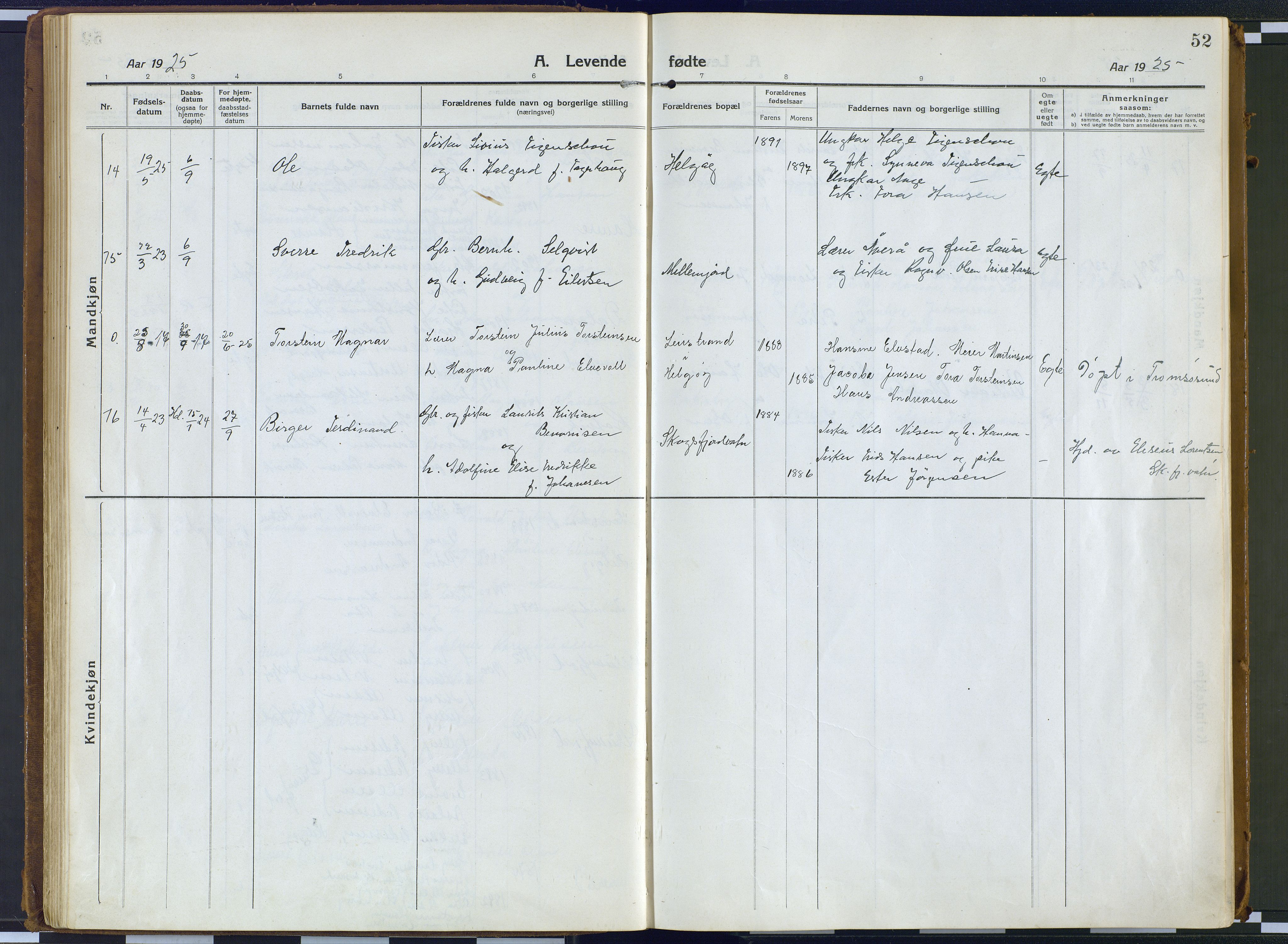 Karlsøy sokneprestembete, AV/SATØ-S-1299/H/Ha/Haa/L0016kirke: Parish register (official) no. 16, 1916-1934, p. 52