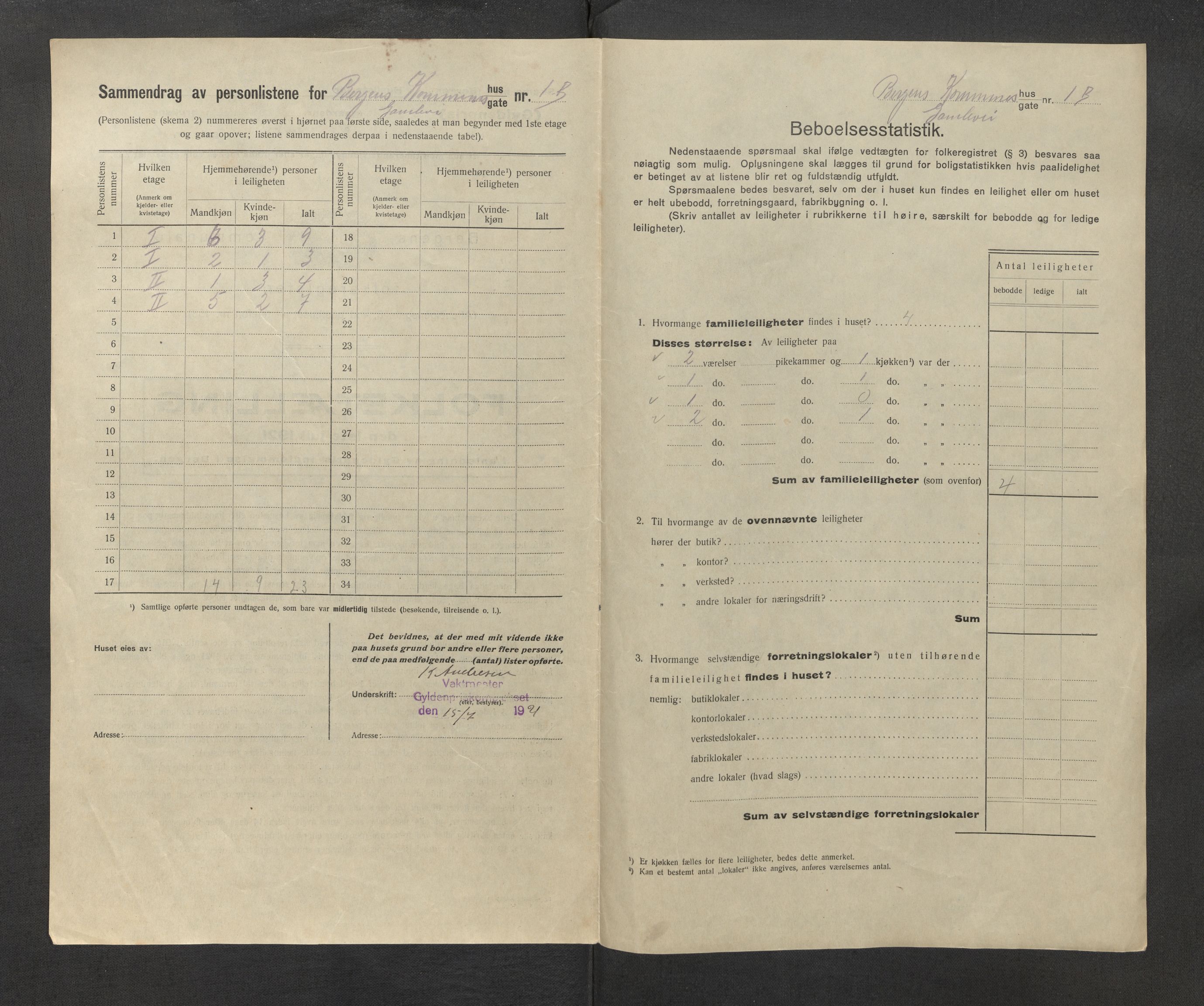 SAB, Municipal Census 1921 for the Gyldenpris area of Bergen, 1921, p. 12