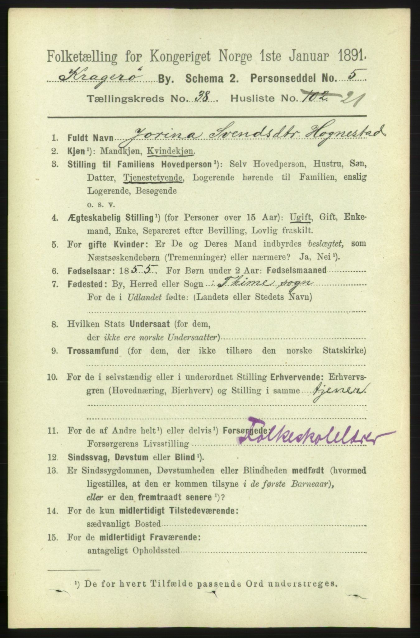 RA, 1891 census for 0801 Kragerø, 1891, p. 7275