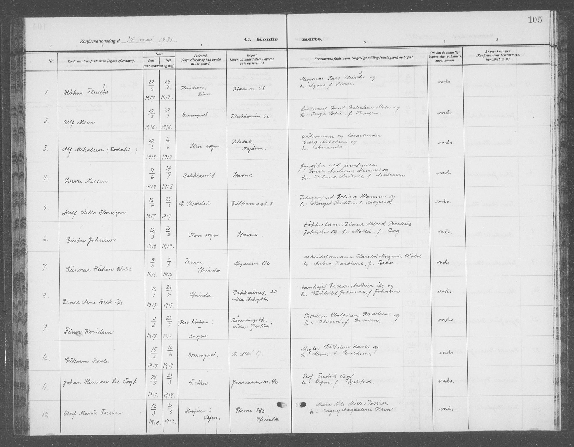 Ministerialprotokoller, klokkerbøker og fødselsregistre - Sør-Trøndelag, SAT/A-1456/601/L0099: Parish register (copy) no. 601C17, 1928-1941, p. 105