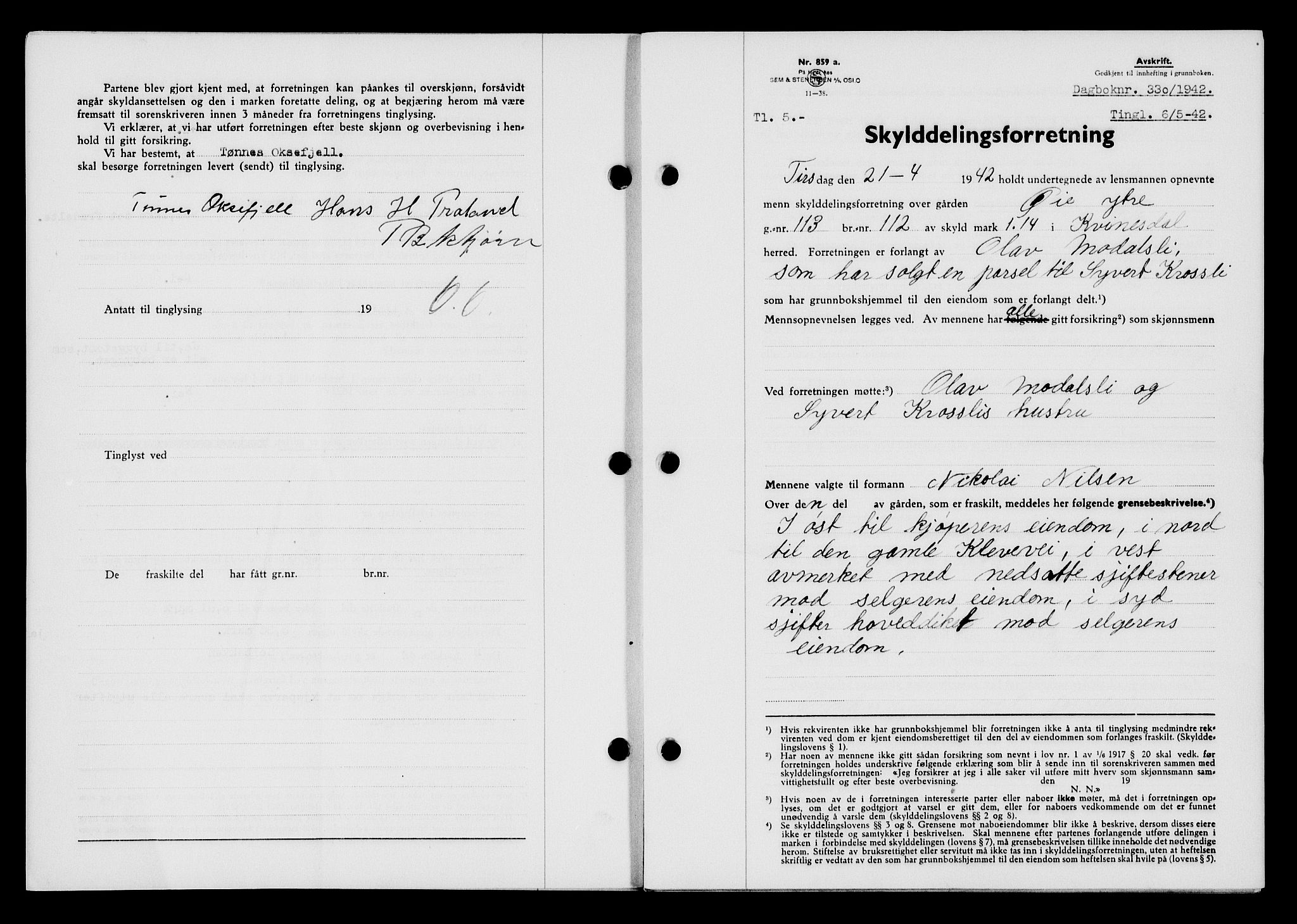 Flekkefjord sorenskriveri, SAK/1221-0001/G/Gb/Gba/L0057: Mortgage book no. A-5, 1941-1942, Diary no: : 330/1942