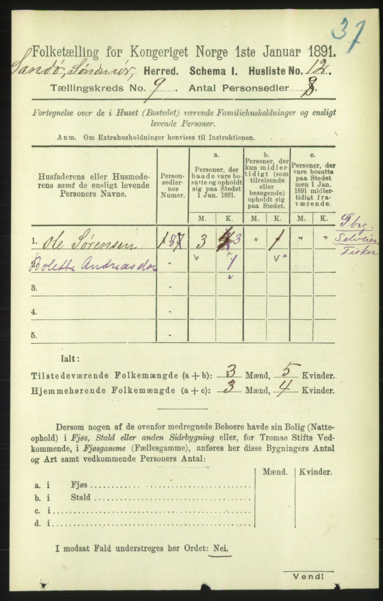 RA, 1891 census for 1514 Sande, 1891, p. 1458