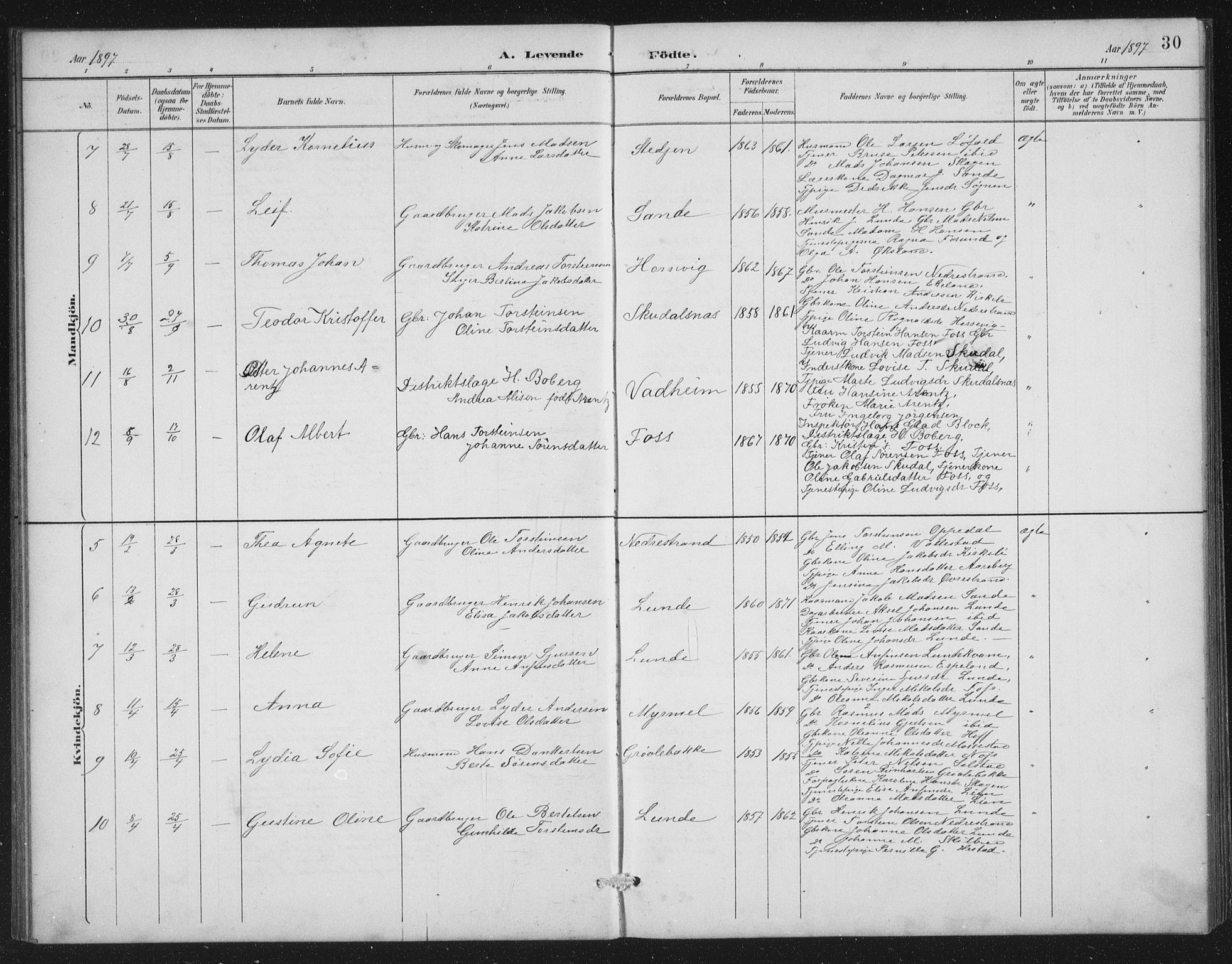 Gaular sokneprestembete, SAB/A-80001/H/Hab: Parish register (copy) no. A 4, 1889-1912, p. 30