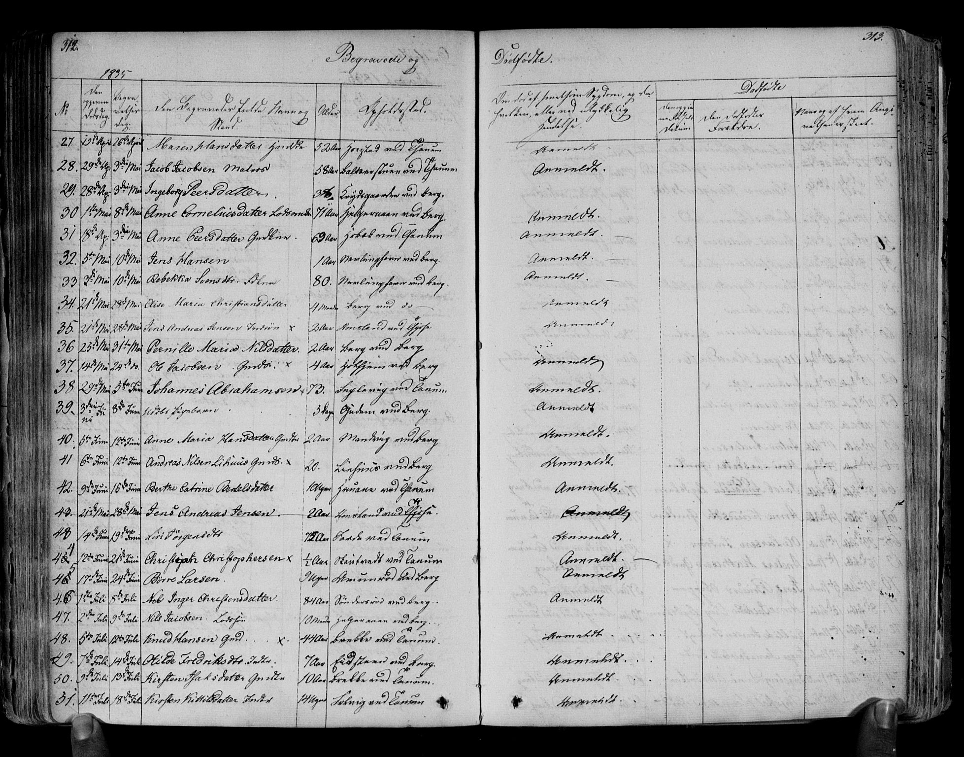 Brunlanes kirkebøker, SAKO/A-342/F/Fa/L0003: Parish register (official) no. I 3, 1834-1845, p. 312-313