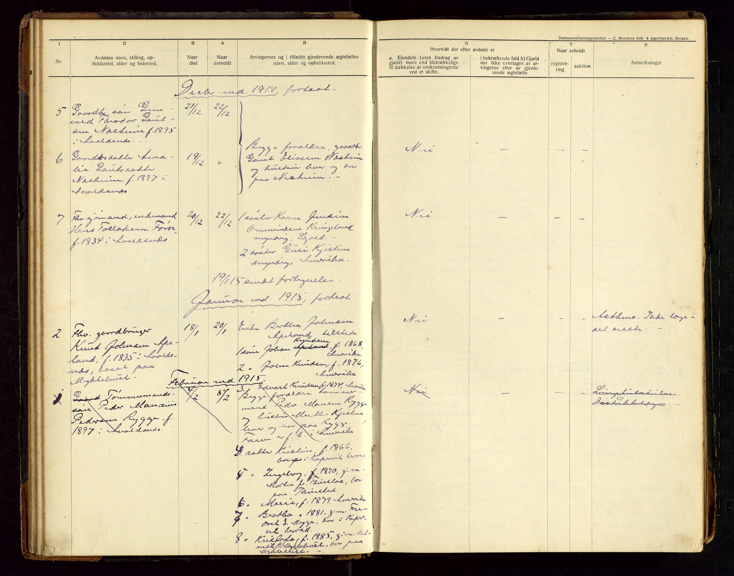 Avaldsnes lensmannskontor, AV/SAST-A-100286/Gga/L0002: Dødsfallsprotokoll, 1912-1920