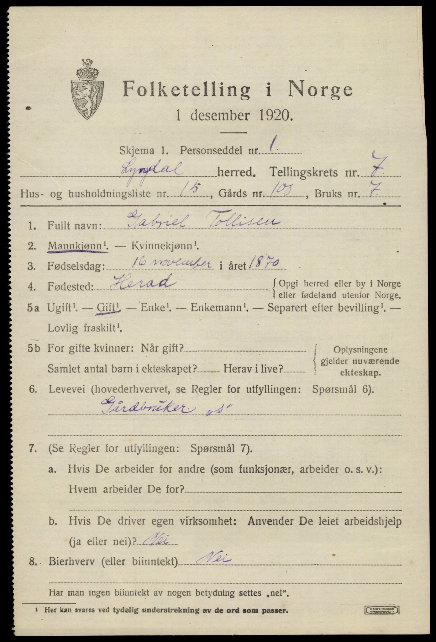 SAK, 1920 census for Lyngdal, 1920, p. 3979