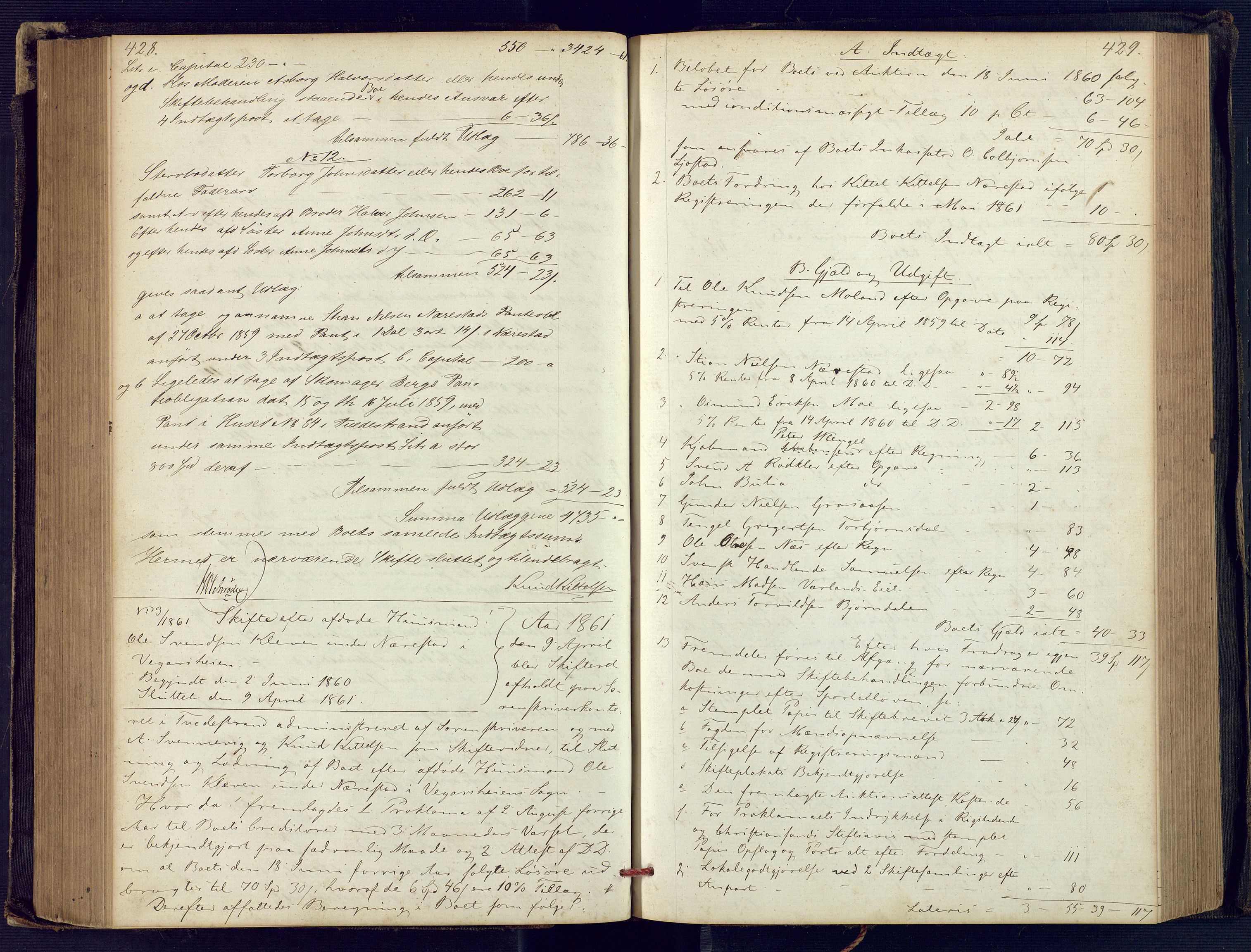 Holt sorenskriveri, SAK/1221-0002/H/Hc/L0029: Skifteutlodningsprotokoll nr. 4 med løst register, 1857-1862, p. 428-429