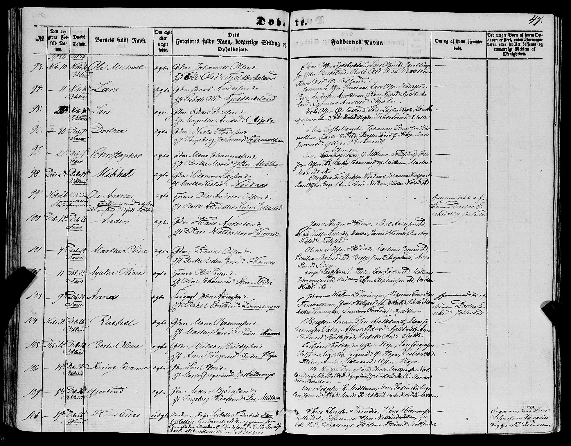 Fana Sokneprestembete, AV/SAB-A-75101/H/Haa/Haaa/L0011: Parish register (official) no. A 11, 1851-1862, p. 47