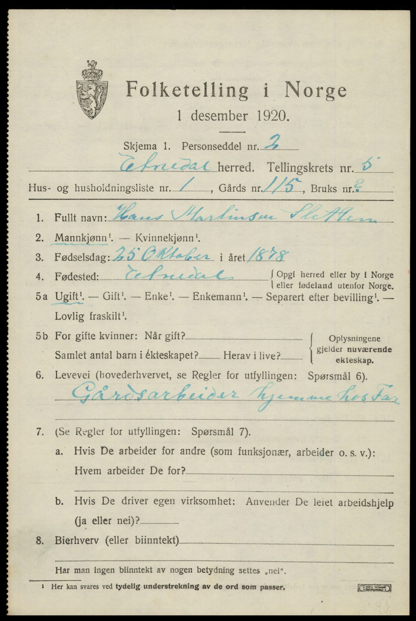 SAH, 1920 census for Etnedal, 1920, p. 1920