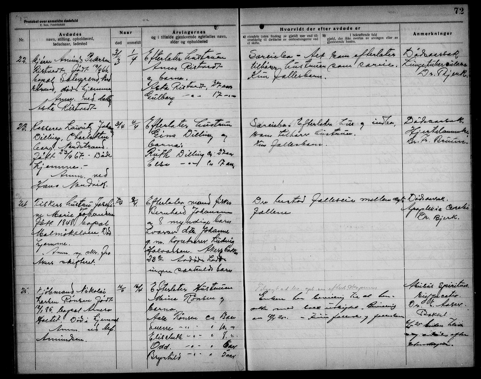 Aker kriminaldommer, skifte- og auksjonsforvalterembete, AV/SAO-A-10452/H/Hb/Hba/Hbad/L0001: Dødsfallsprotokoll for Nordstrand, 1922-1929, p. 72