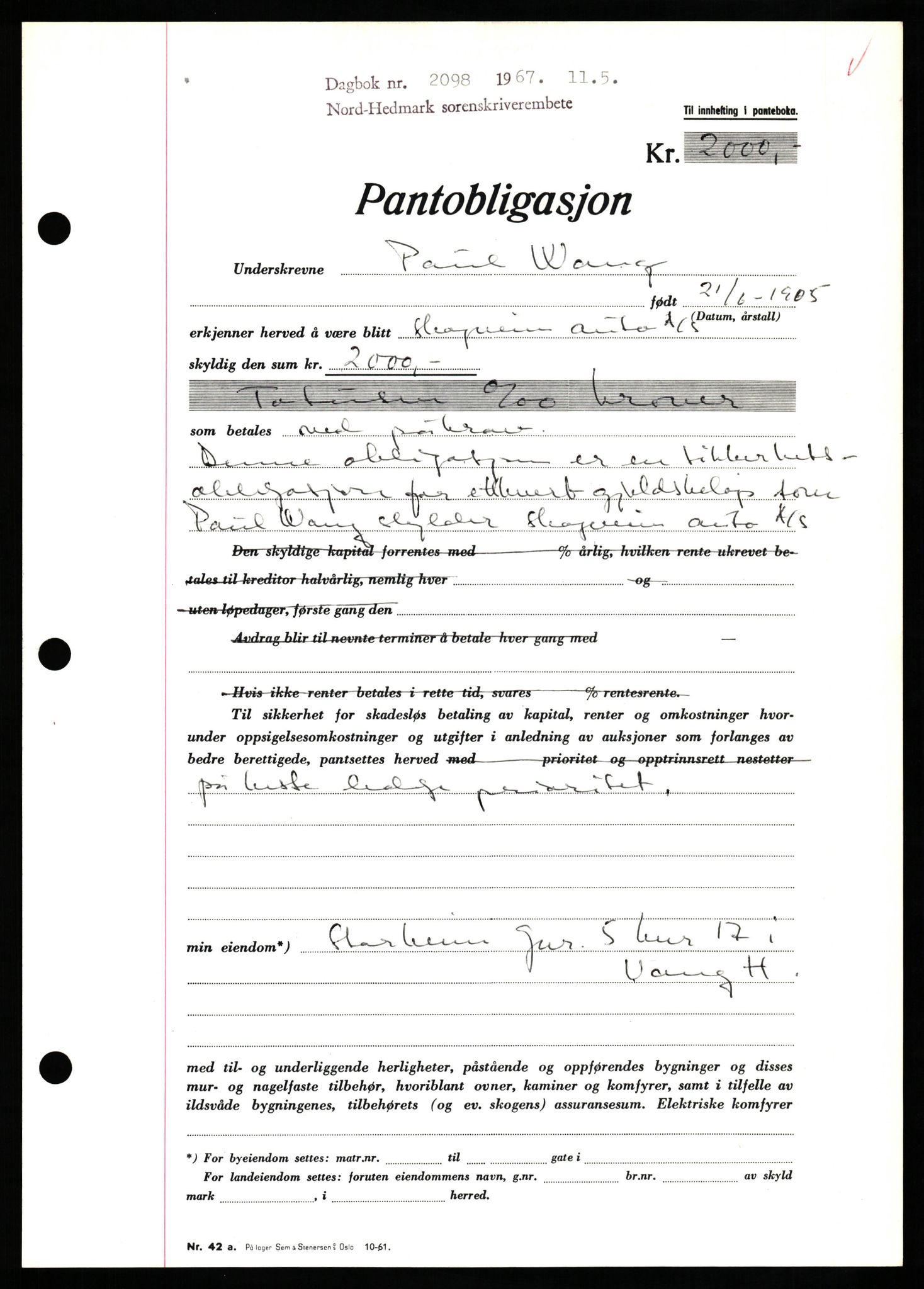 Nord-Hedmark sorenskriveri, SAH/TING-012/H/Hb/Hbf/L0071: Mortgage book no. B71, 1967-1967, Diary no: : 2098/1967