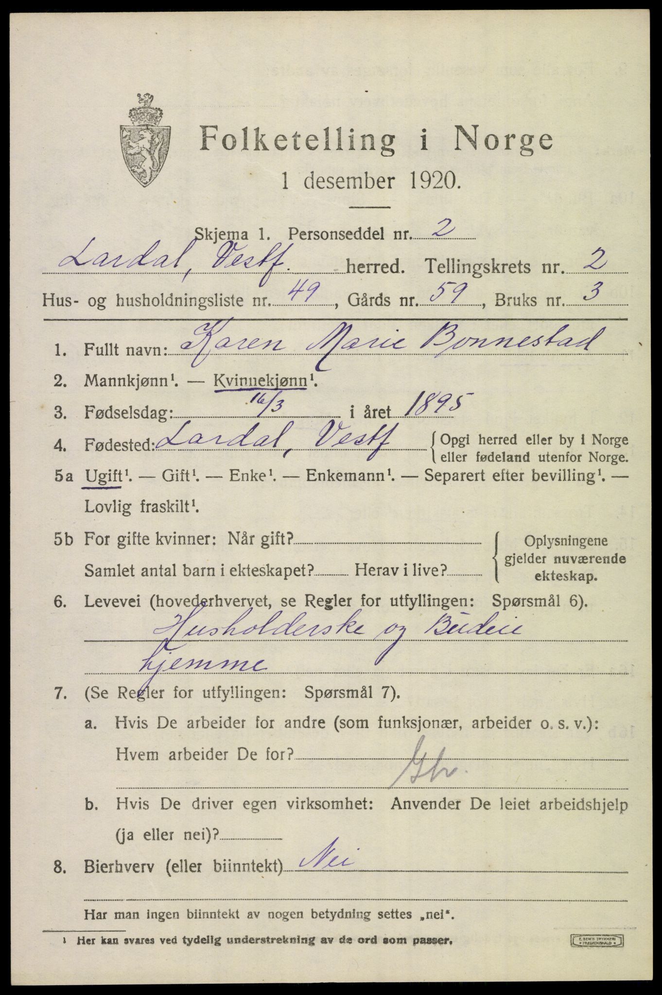 SAKO, 1920 census for Lardal, 1920, p. 2497