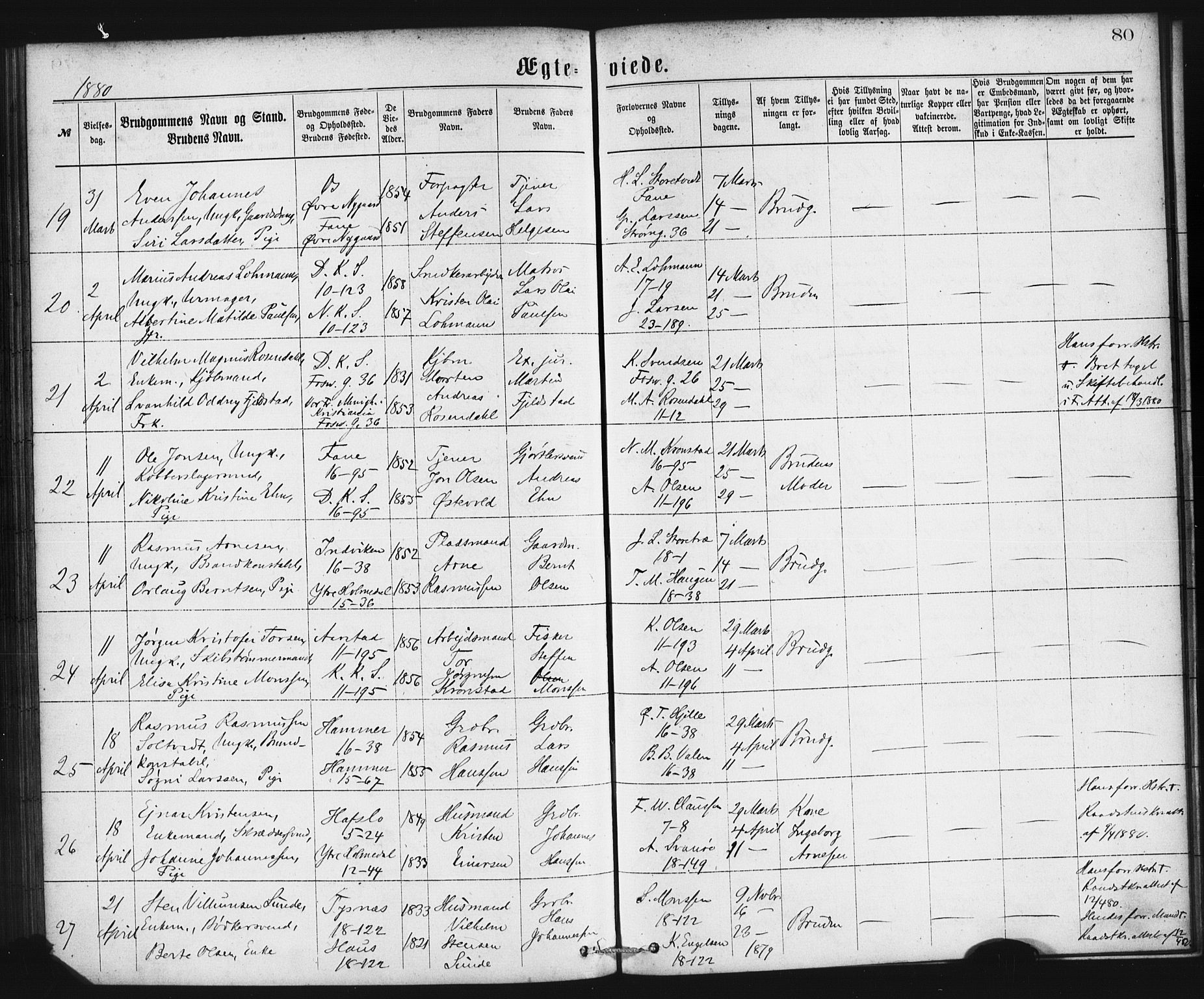 Domkirken sokneprestembete, SAB/A-74801/H/Haa/L0036: Parish register (official) no. D 3, 1875-1880, p. 80