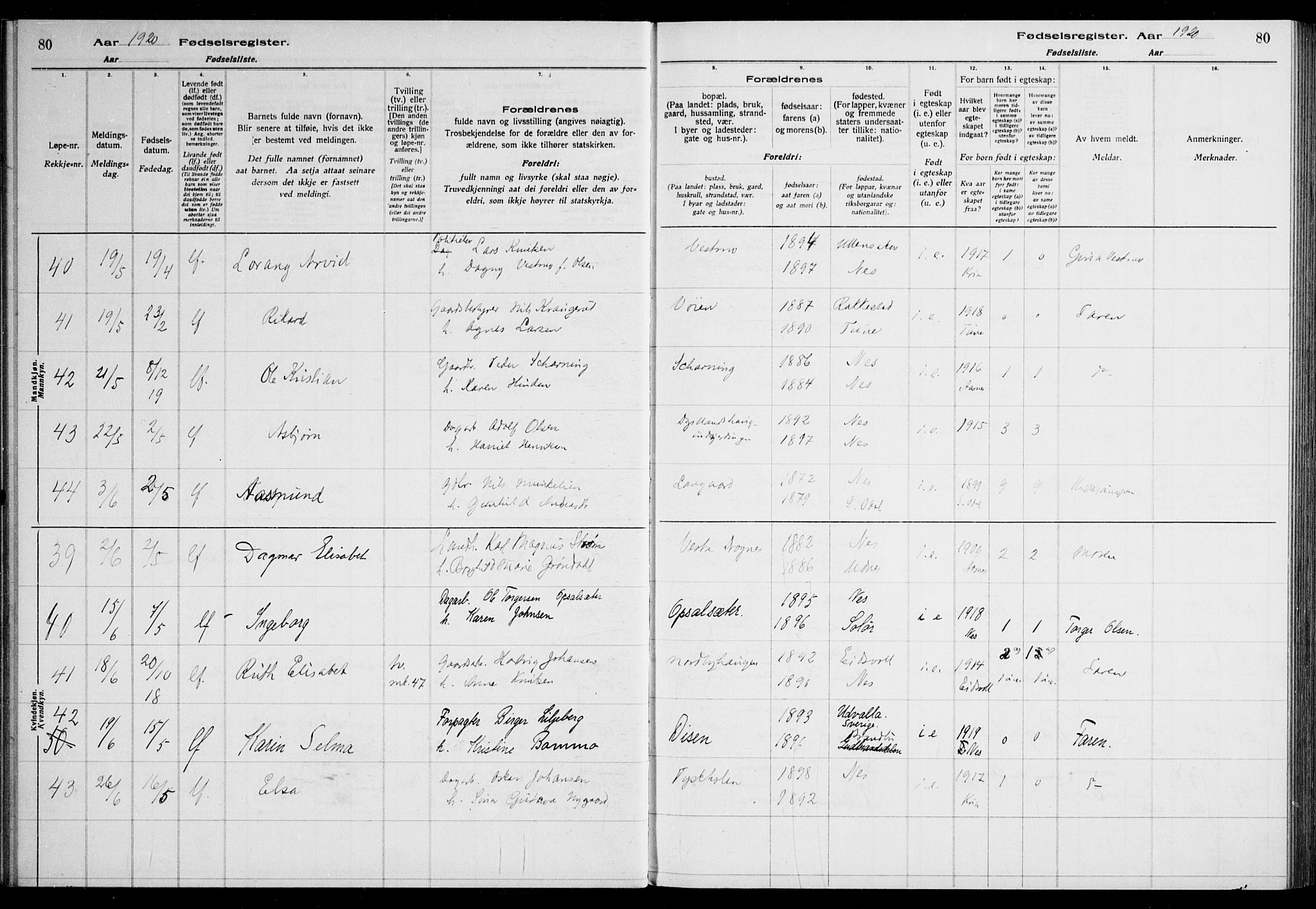 Nes prestekontor Kirkebøker, AV/SAO-A-10410/J/Ja/L0001: Birth register no. 1, 1916-1926, p. 80