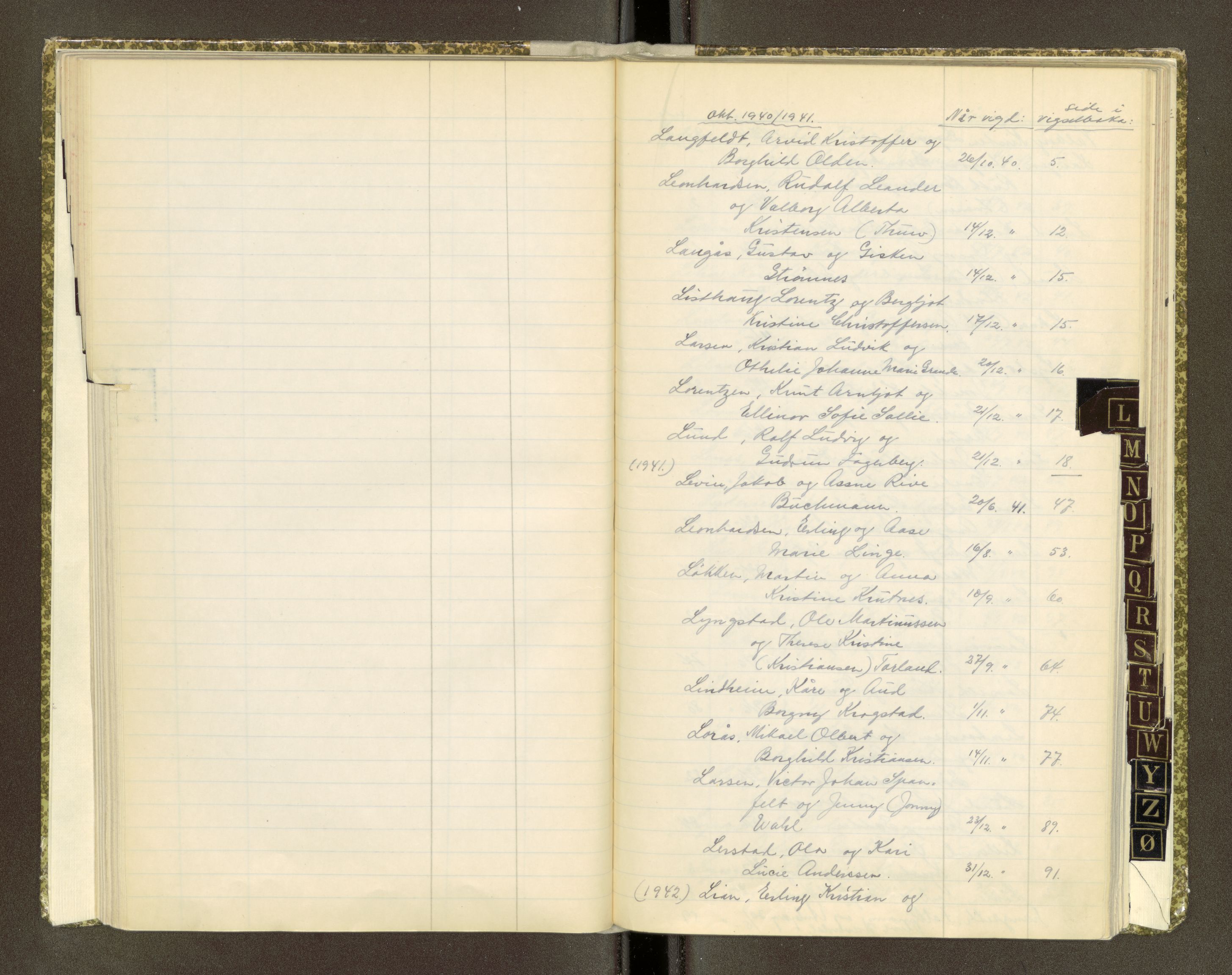 Trondheim byfogd, AV/SAT-A-0003/1/6/6Da/L0001: Register til vigselbøker, 1940-1944