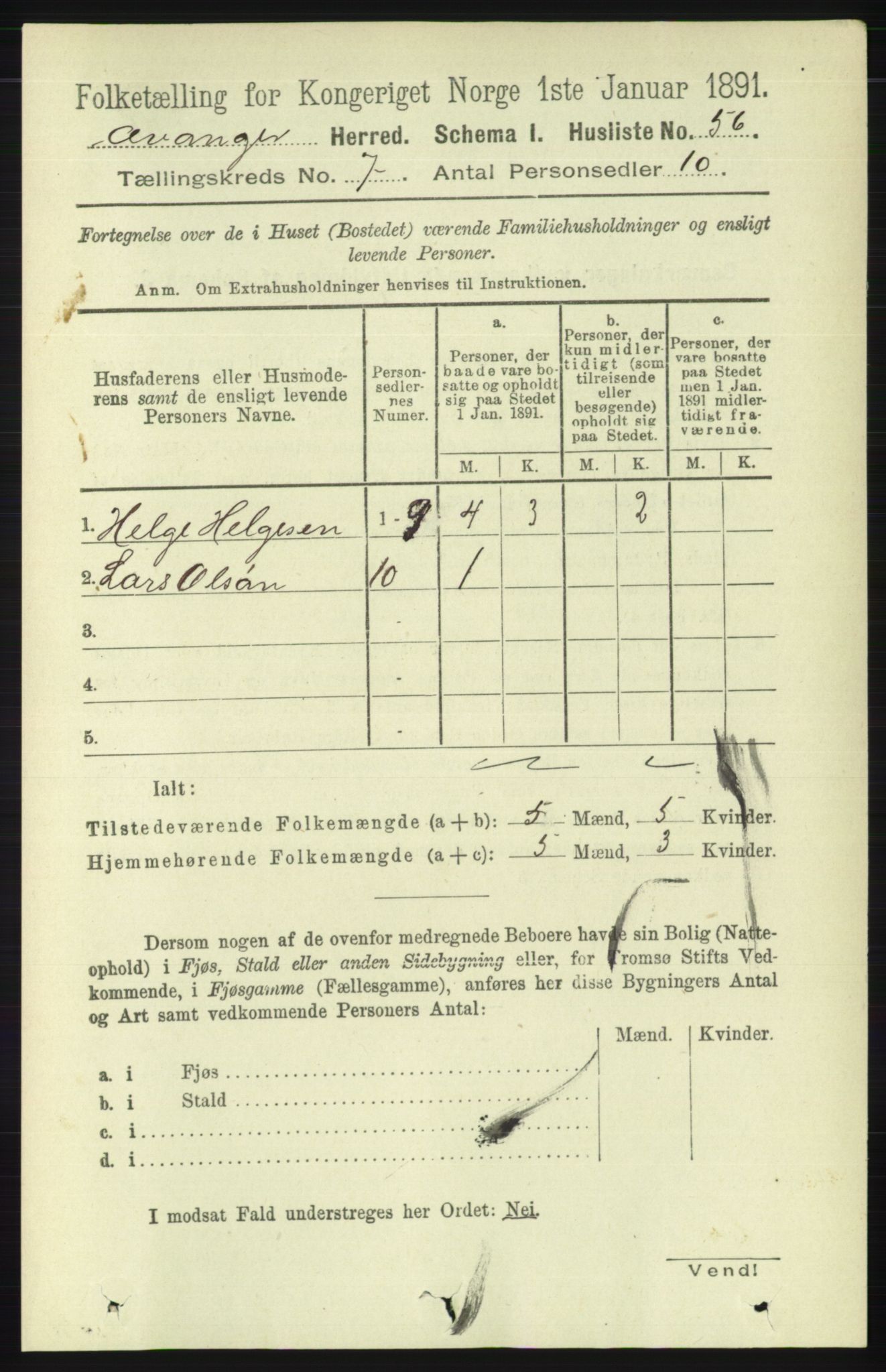 RA, 1891 census for 1237 Evanger, 1891, p. 1873