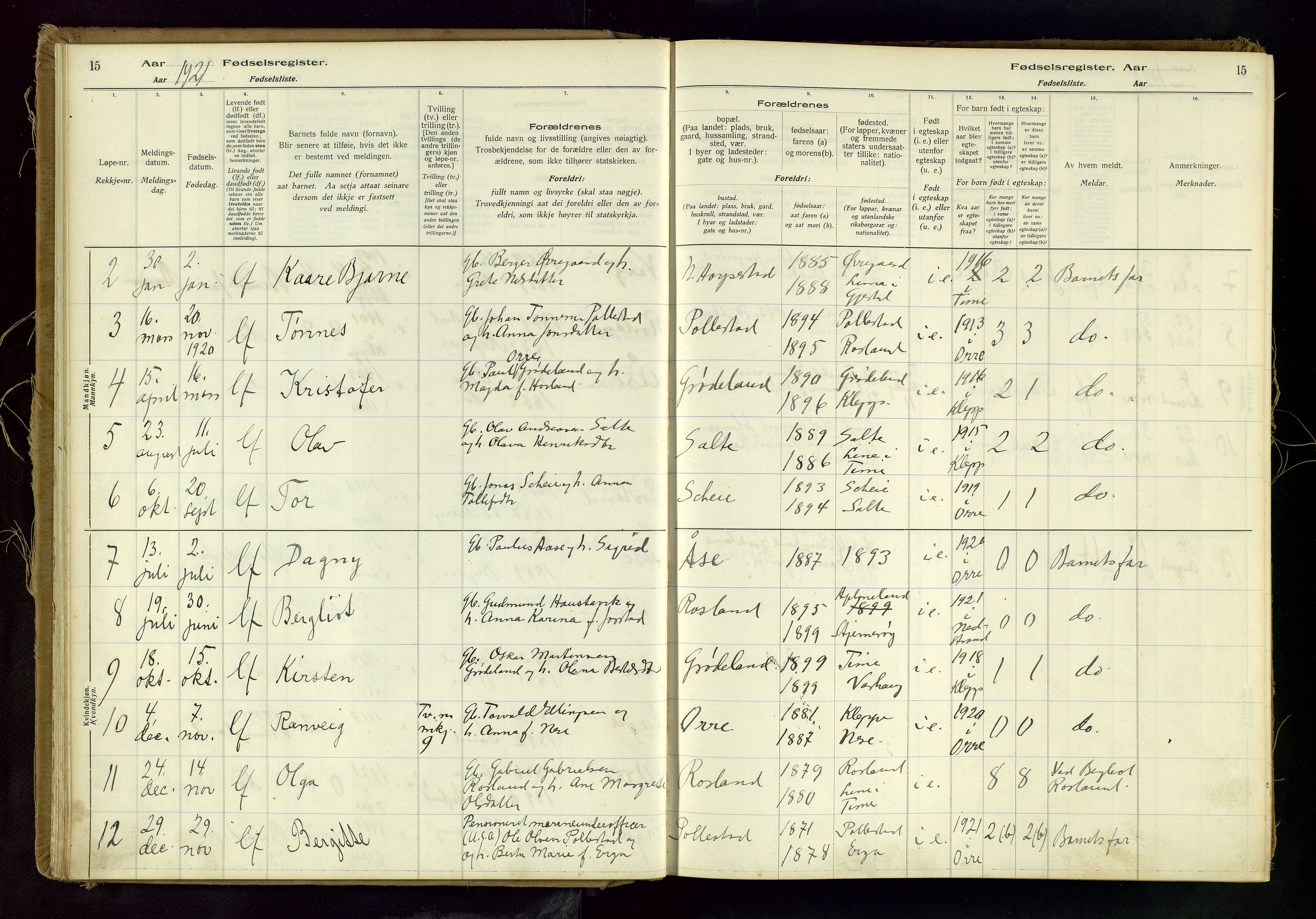 Klepp sokneprestkontor, SAST/A-101803/001/704BAC/L0001: Birth register no. 1, 1916-1982, p. 15