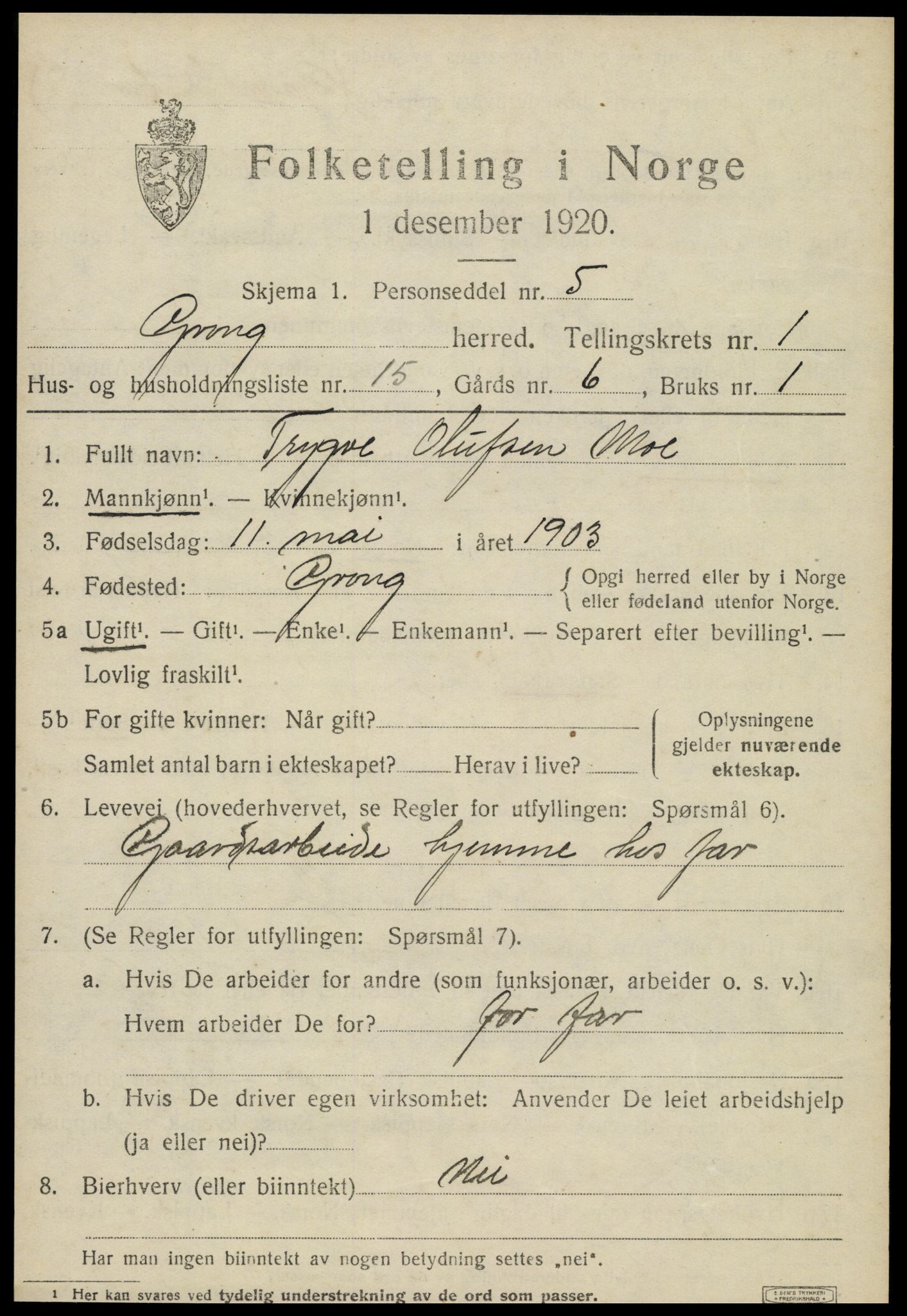 SAT, 1920 census for Grong, 1920, p. 1209