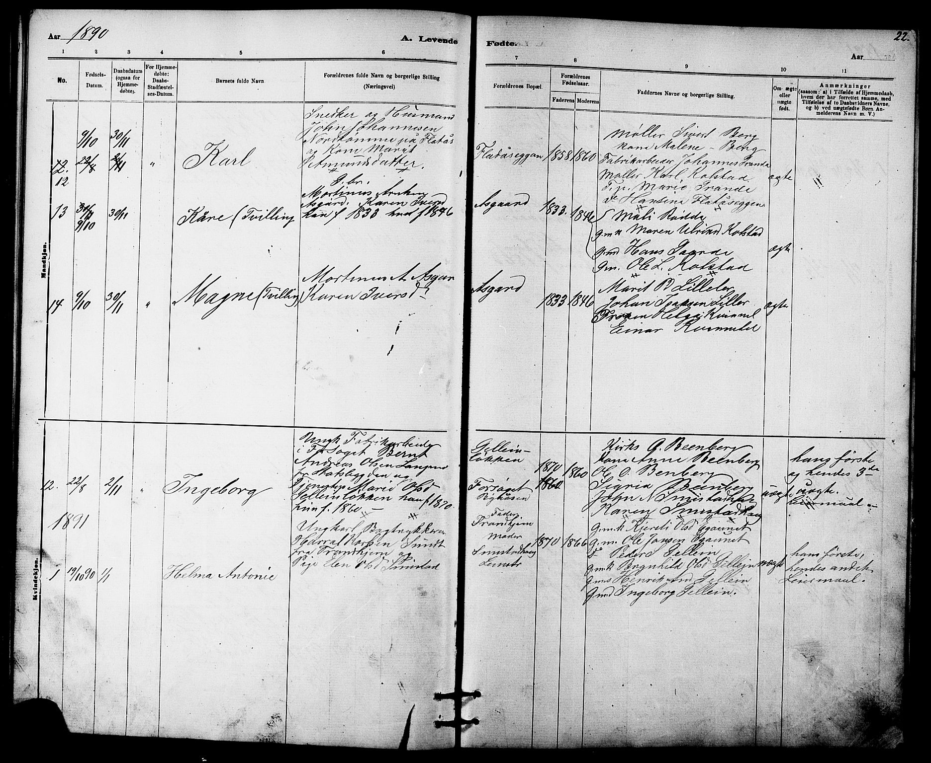 Ministerialprotokoller, klokkerbøker og fødselsregistre - Sør-Trøndelag, SAT/A-1456/613/L0395: Parish register (copy) no. 613C03, 1887-1909, p. 22