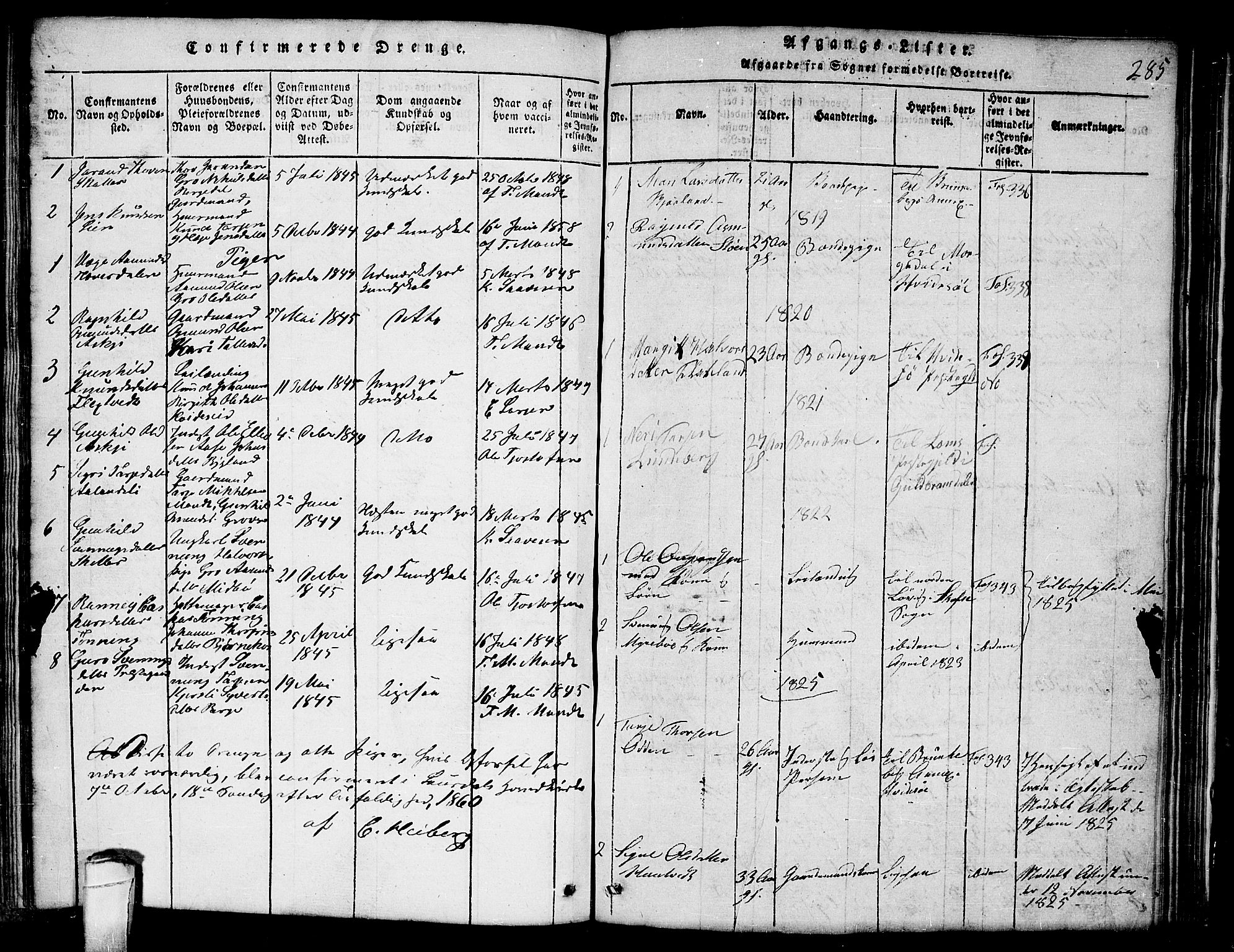 Lårdal kirkebøker, SAKO/A-284/G/Ga/L0001: Parish register (copy) no. I 1, 1815-1861, p. 285