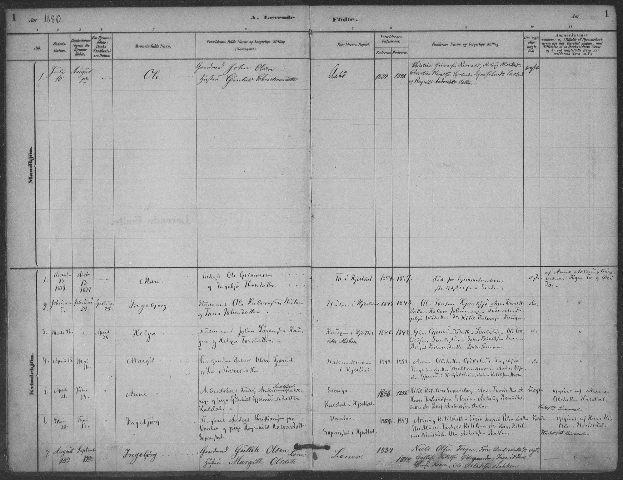 Hjartdal kirkebøker, AV/SAKO-A-270/F/Fa/L0010: Parish register (official) no. I 10, 1880-1929, p. 1