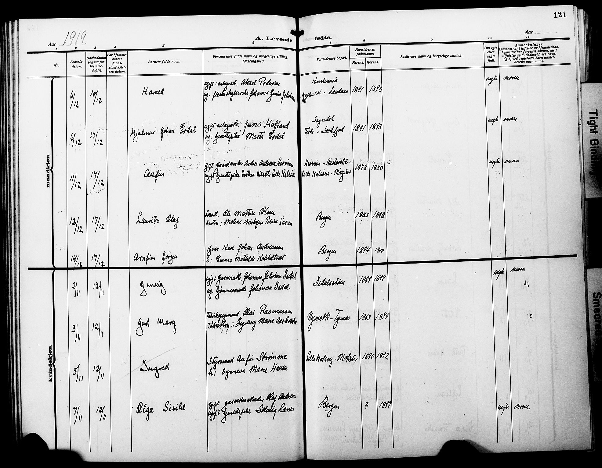 Fødselsstiftelsens sokneprestembete*, SAB/-: Parish register (copy) no. A 3, 1916-1925, p. 121