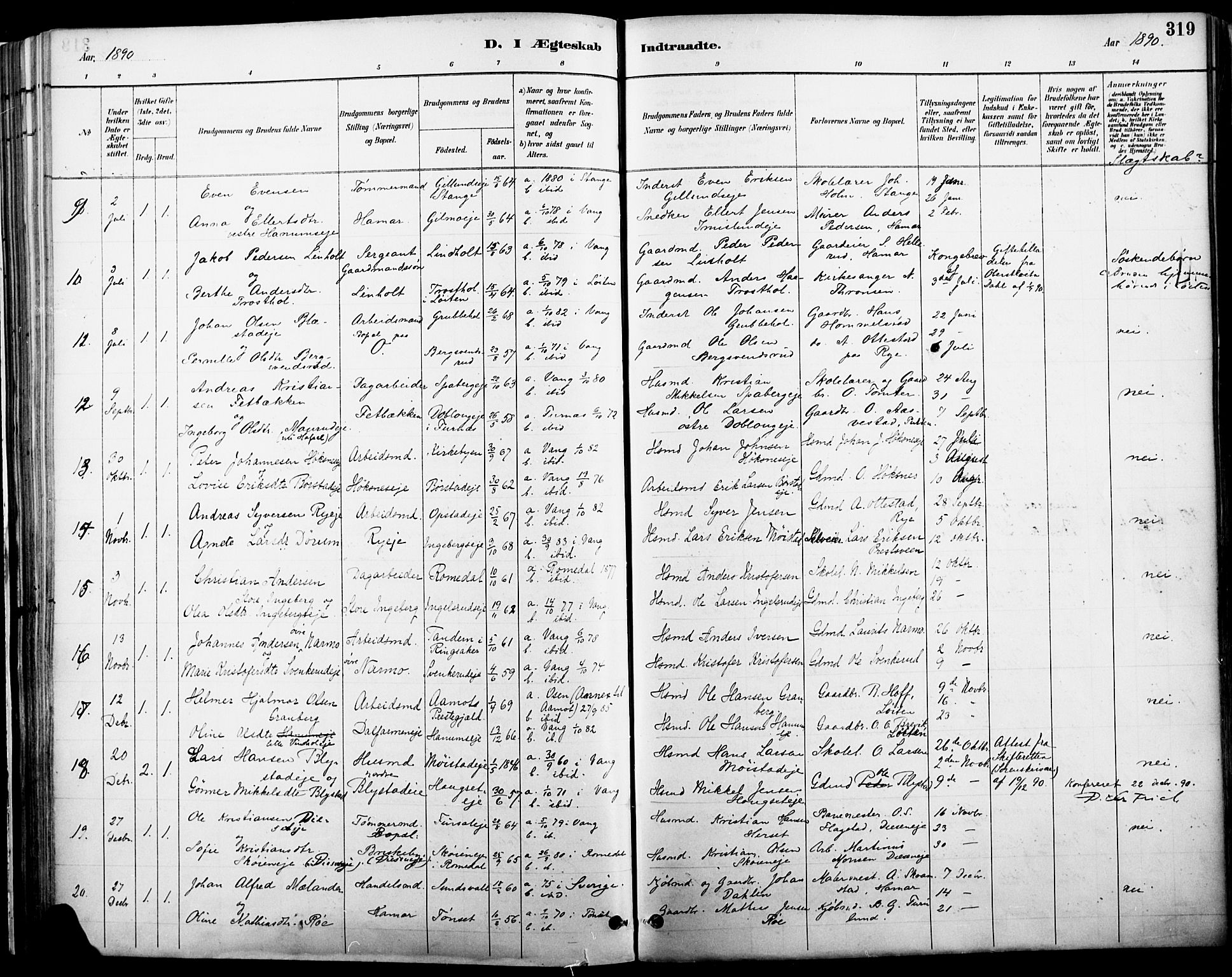 Vang prestekontor, Hedmark, SAH/PREST-008/H/Ha/Haa/L0019A: Parish register (official) no. 19, 1886-1900, p. 319