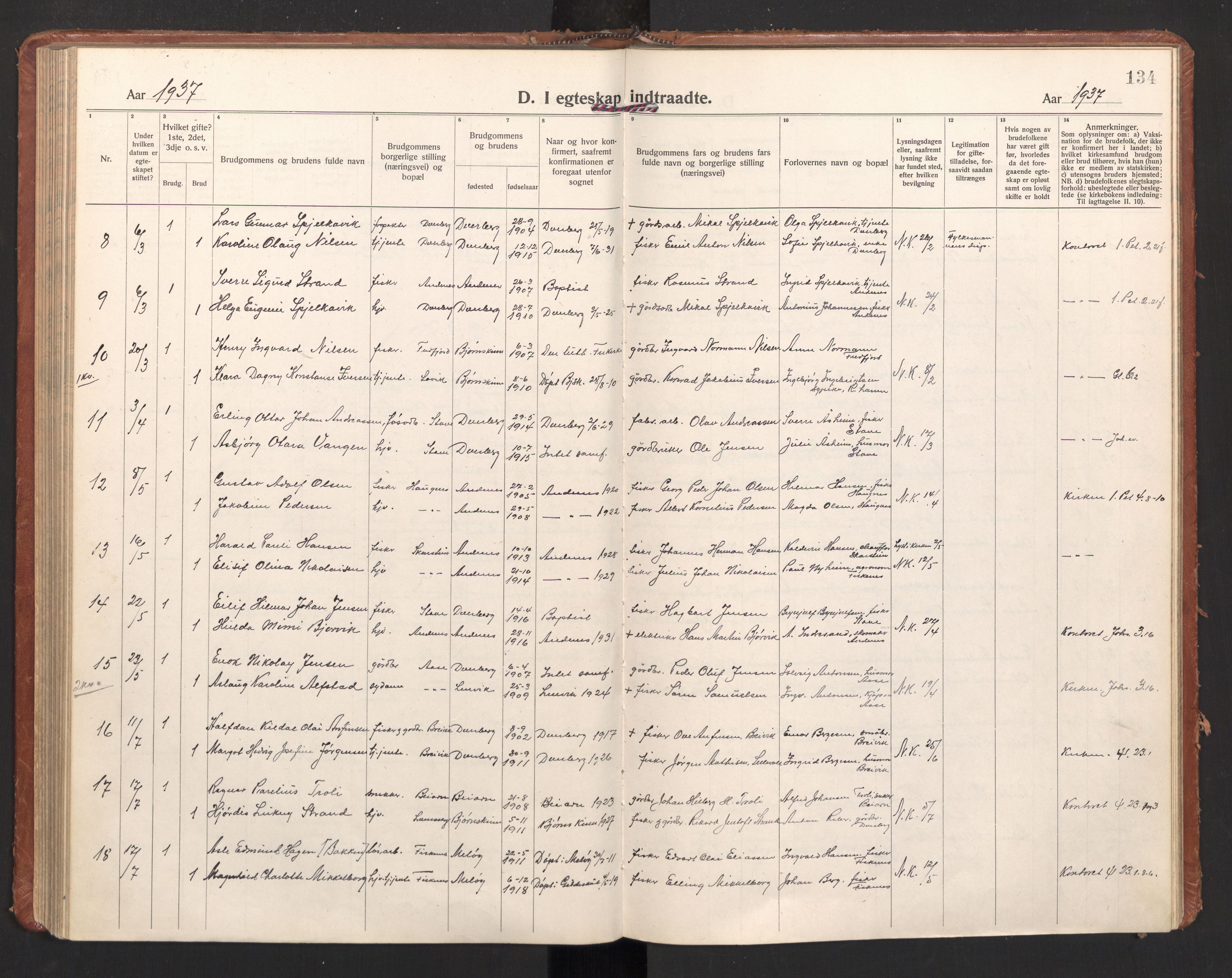 Ministerialprotokoller, klokkerbøker og fødselsregistre - Nordland, AV/SAT-A-1459/897/L1408: Parish register (official) no. 897A15, 1922-1938, p. 134