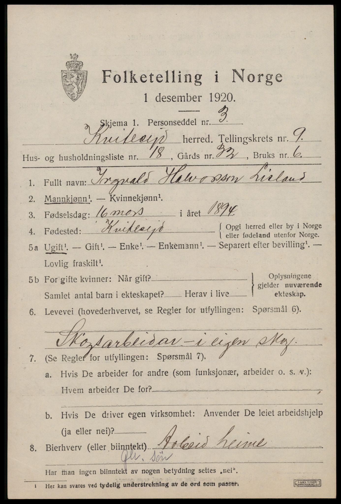 SAKO, 1920 census for Kviteseid, 1920, p. 4371