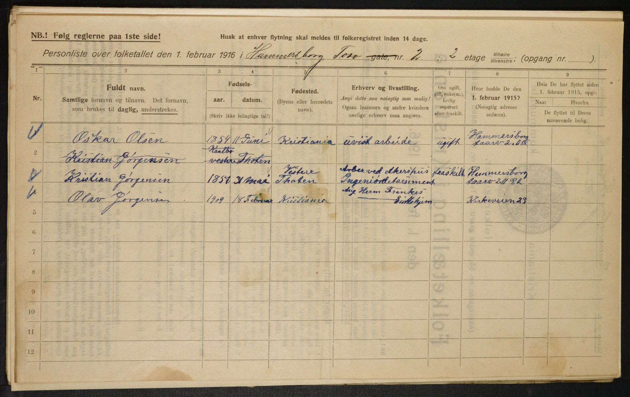 OBA, Municipal Census 1916 for Kristiania, 1916, p. 35004