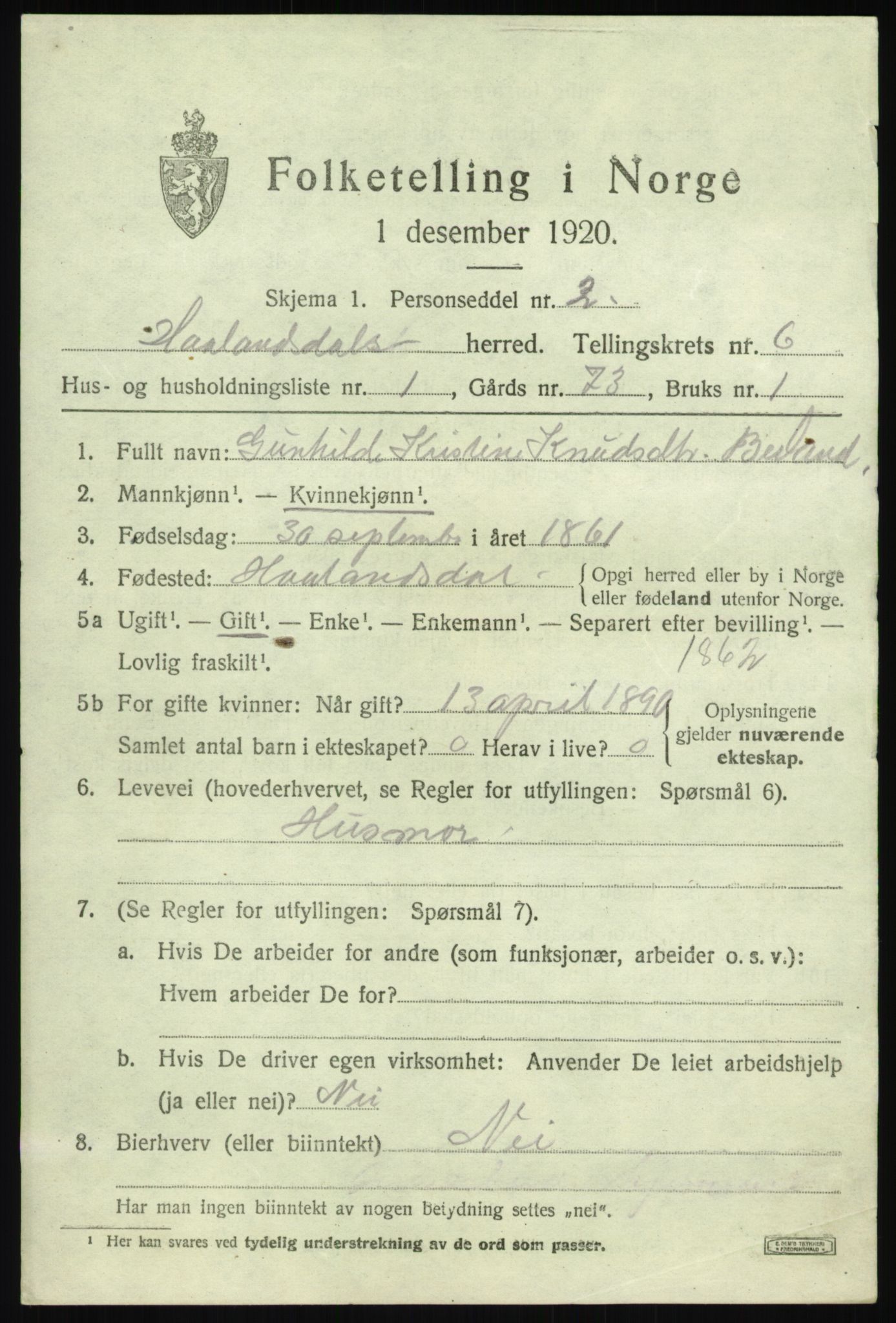 SAB, 1920 census for Hålandsdal, 1920, p. 1256